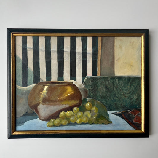 Vintage Stripes and Grapes Still Life in Black and Gold Frame