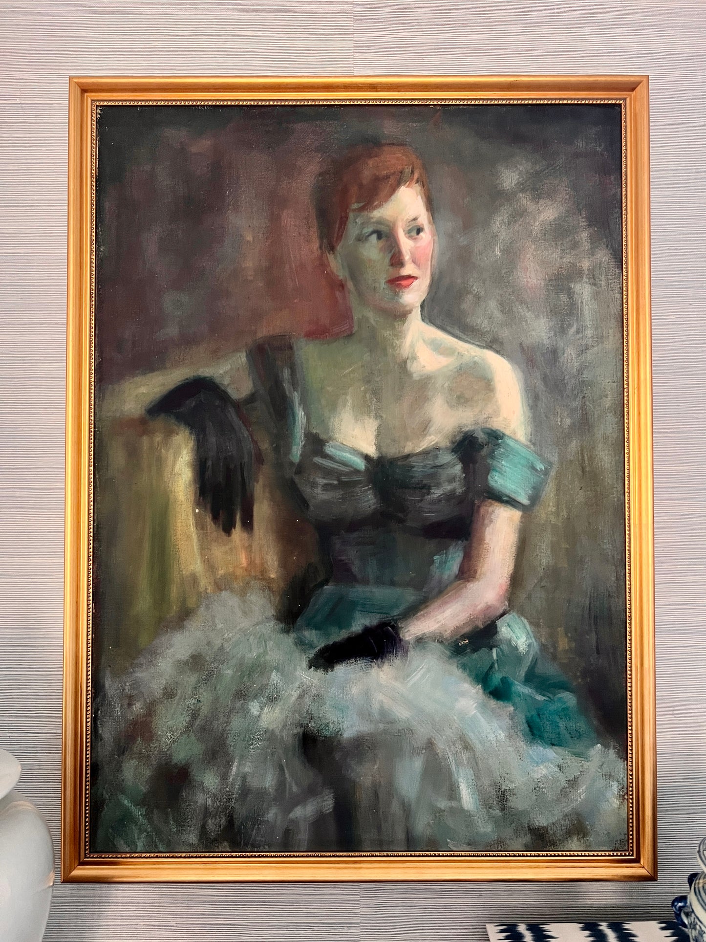 Mid Century Red Headed Lady in Evening Gown Portrait Oil Painting in Gold Frame