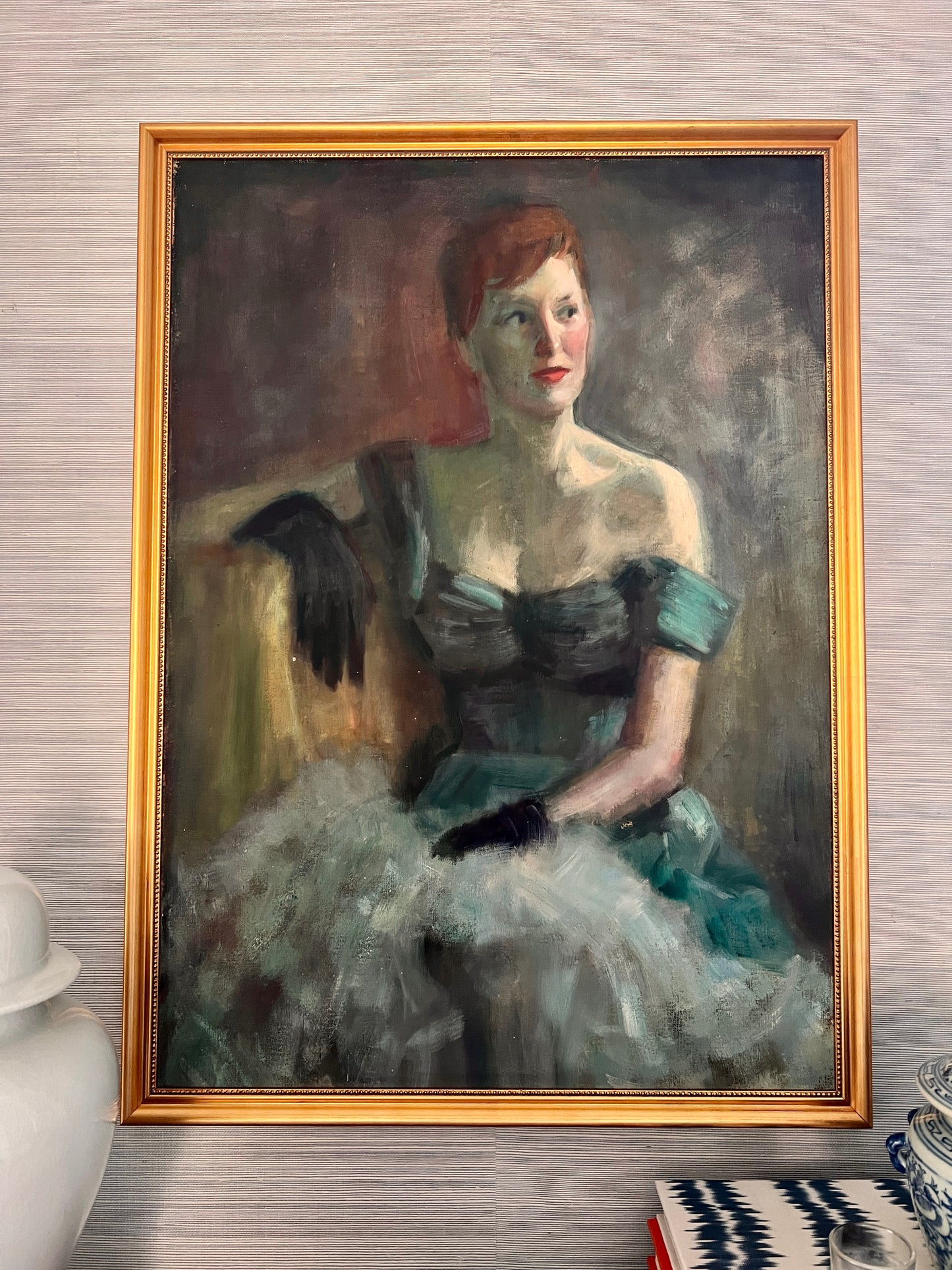 Mid Century Red Headed Lady in Evening Gown Portrait Oil Painting in Gold Frame