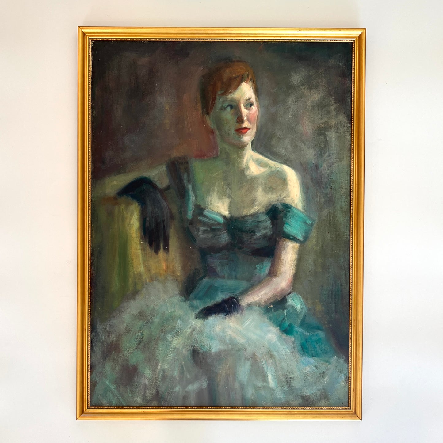 Mid Century Red Headed Lady in Evening Gown Portrait Oil Painting in Gold Frame