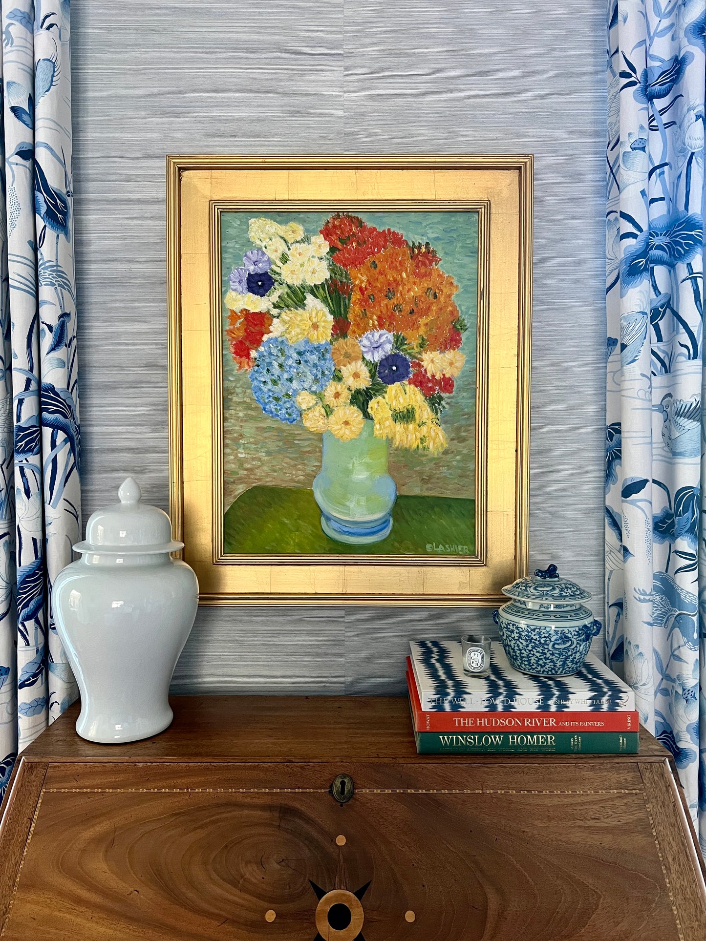 Vintage Bouquet Still Life Oil Painting in Gold Frame