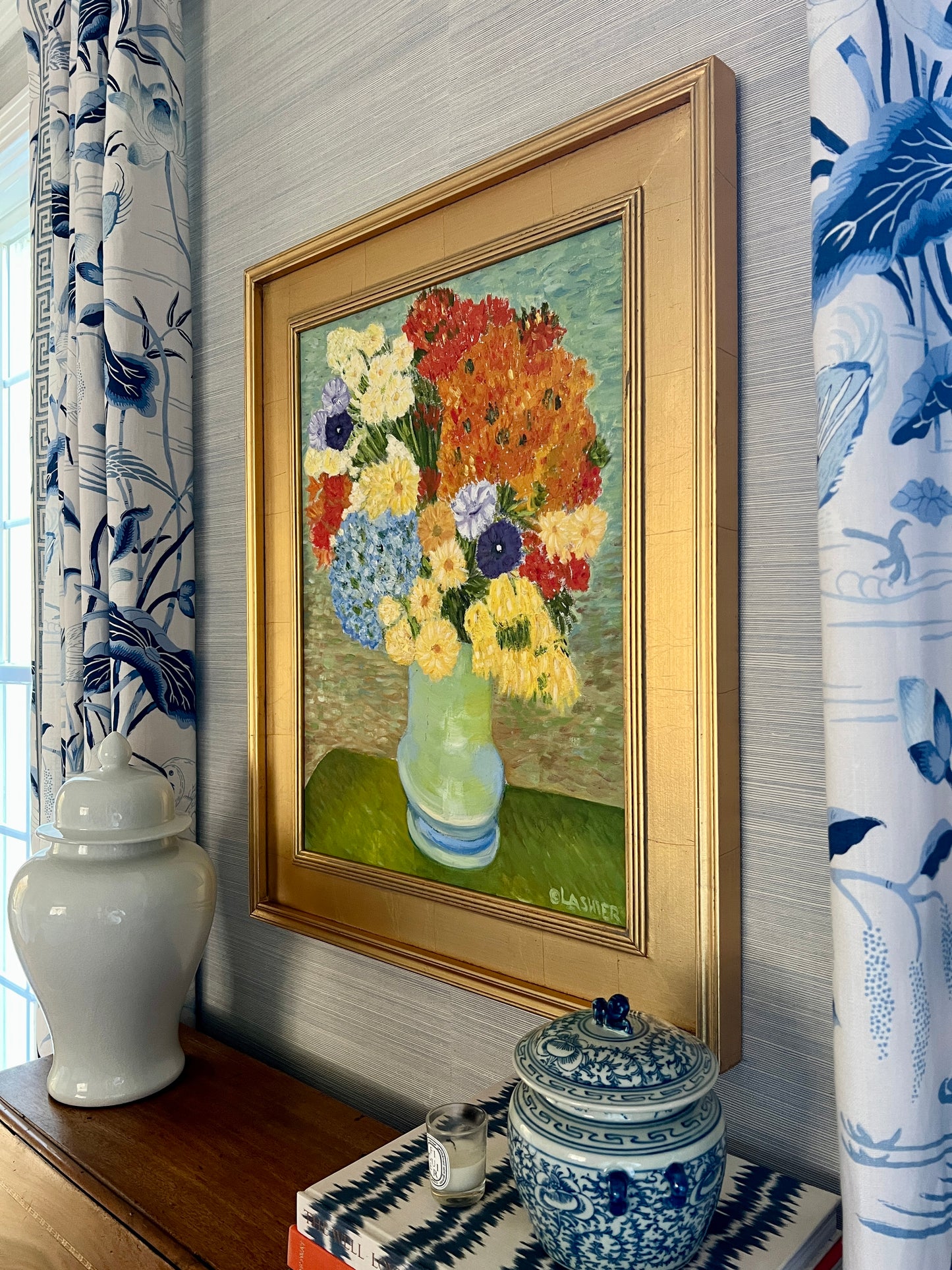 Vintage Bouquet Still Life Oil Painting in Gold Frame