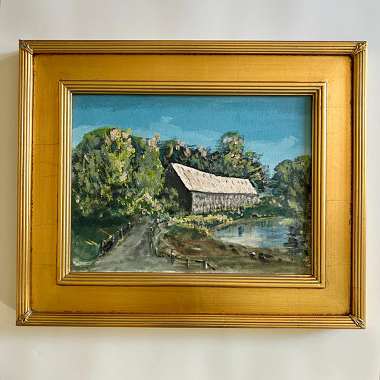 Vintage Spring in New England Covered Bridge Landscape Oil Painting in Gold Frame