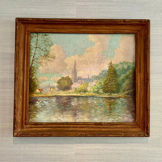 Antique Early 20th Century Waterfront Landscape Oil Painting in Carved Wood Frame