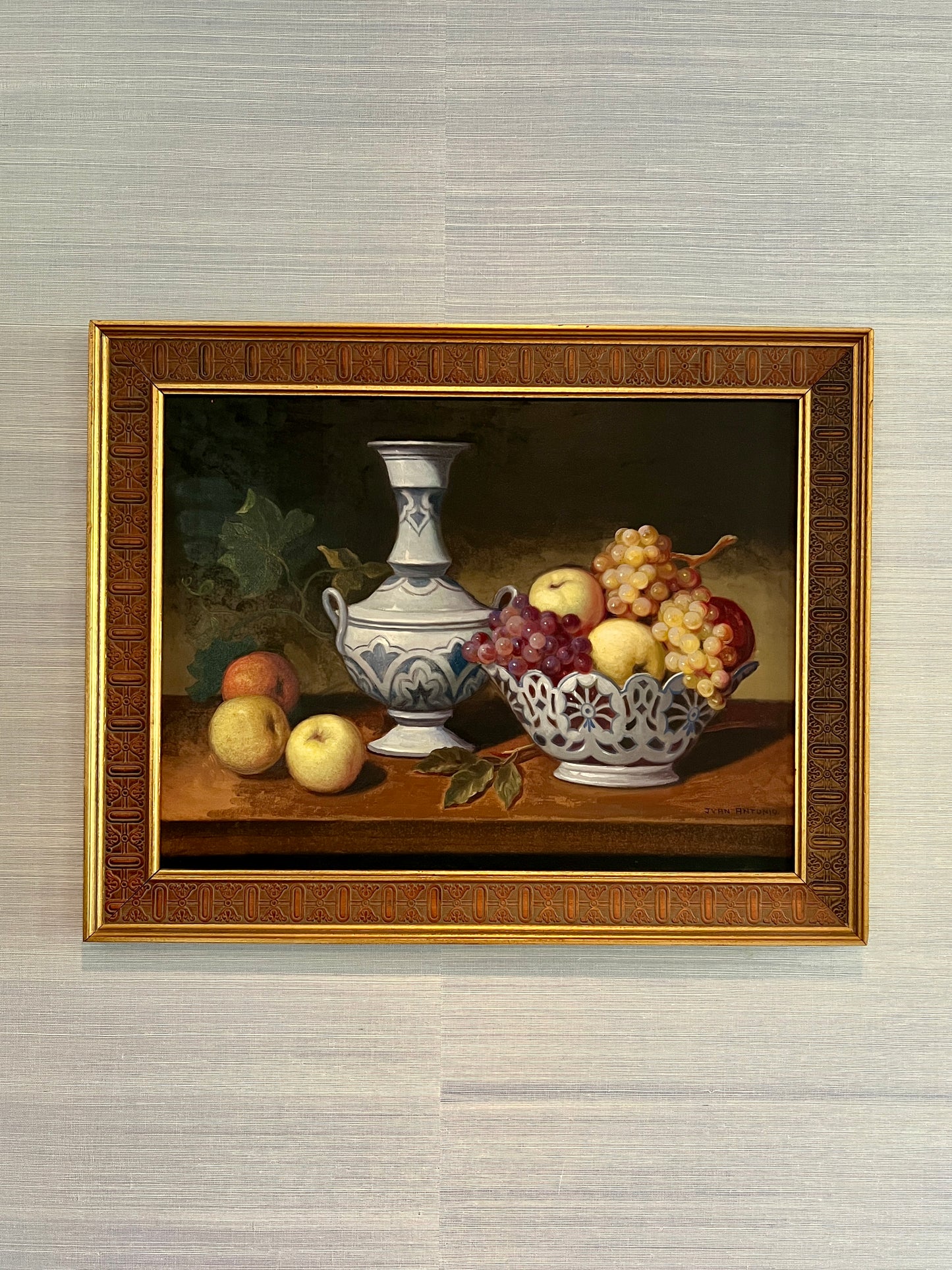 Juan Antonio Fruit in Blue and White Porcelain Still Life Oil Painting in Custom Frame