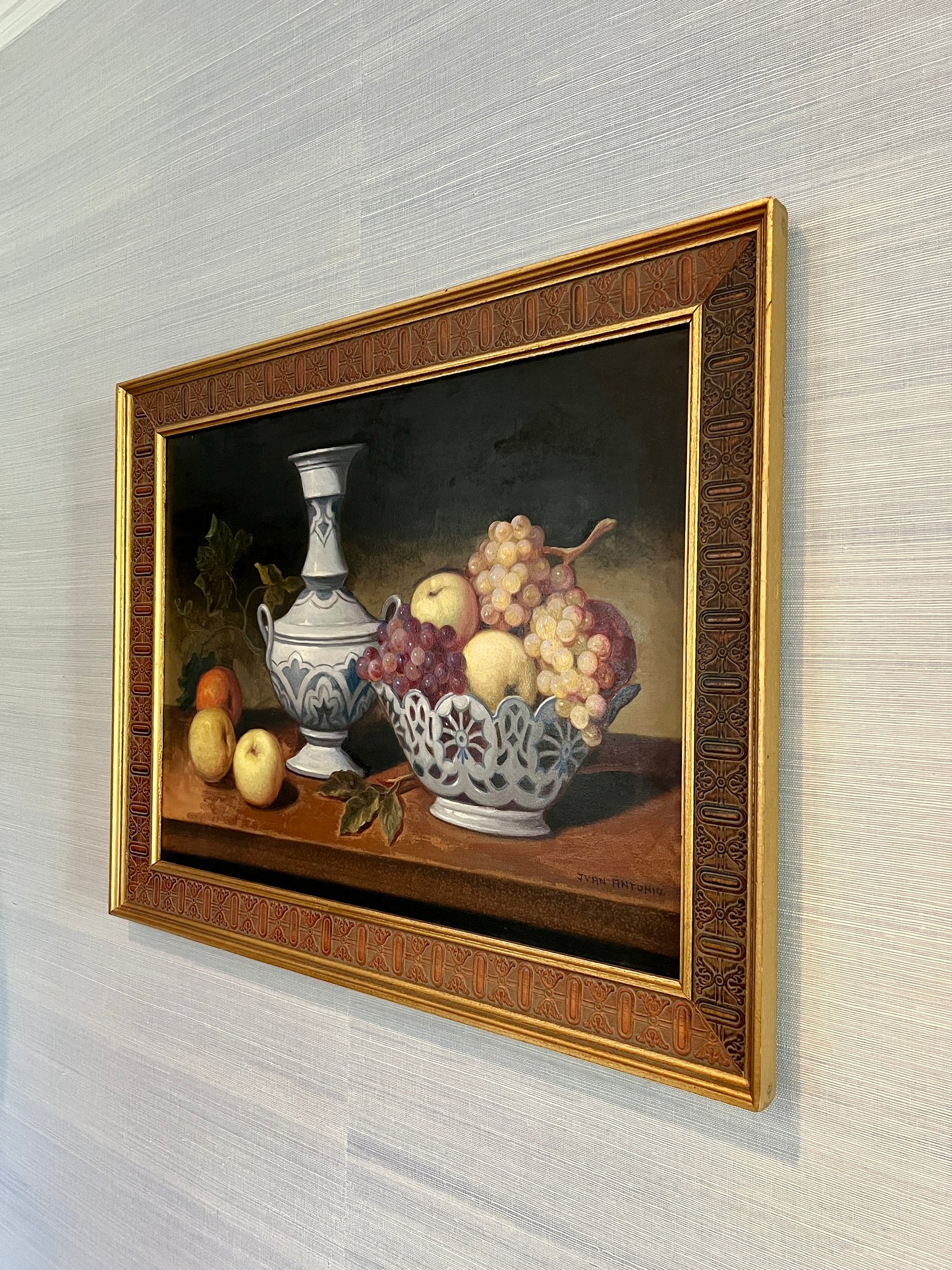 Juan Antonio Fruit in Blue and White Porcelain Still Life Oil Painting in Custom Frame