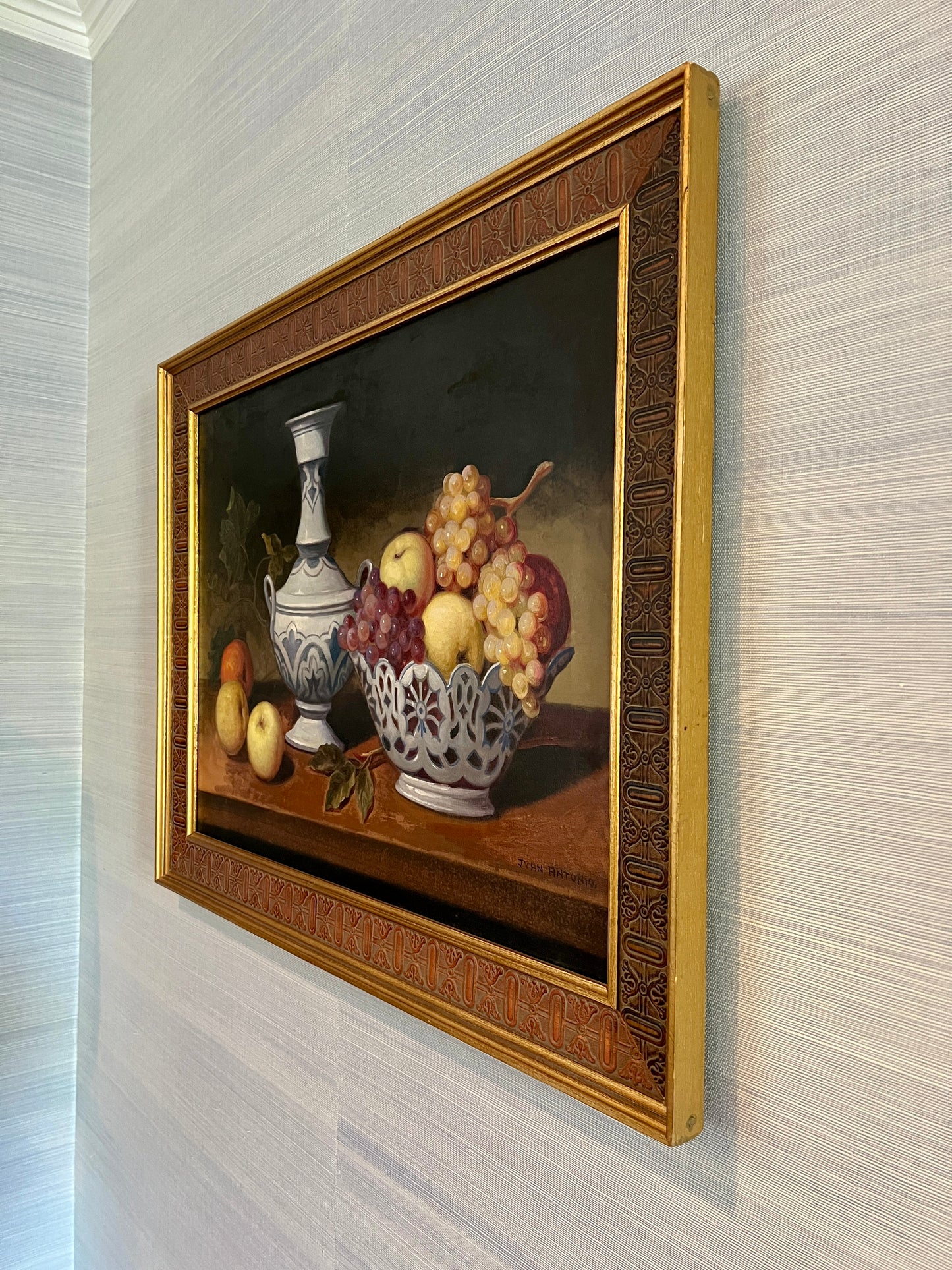 Juan Antonio Fruit in Blue and White Porcelain Still Life Oil Painting in Custom Frame