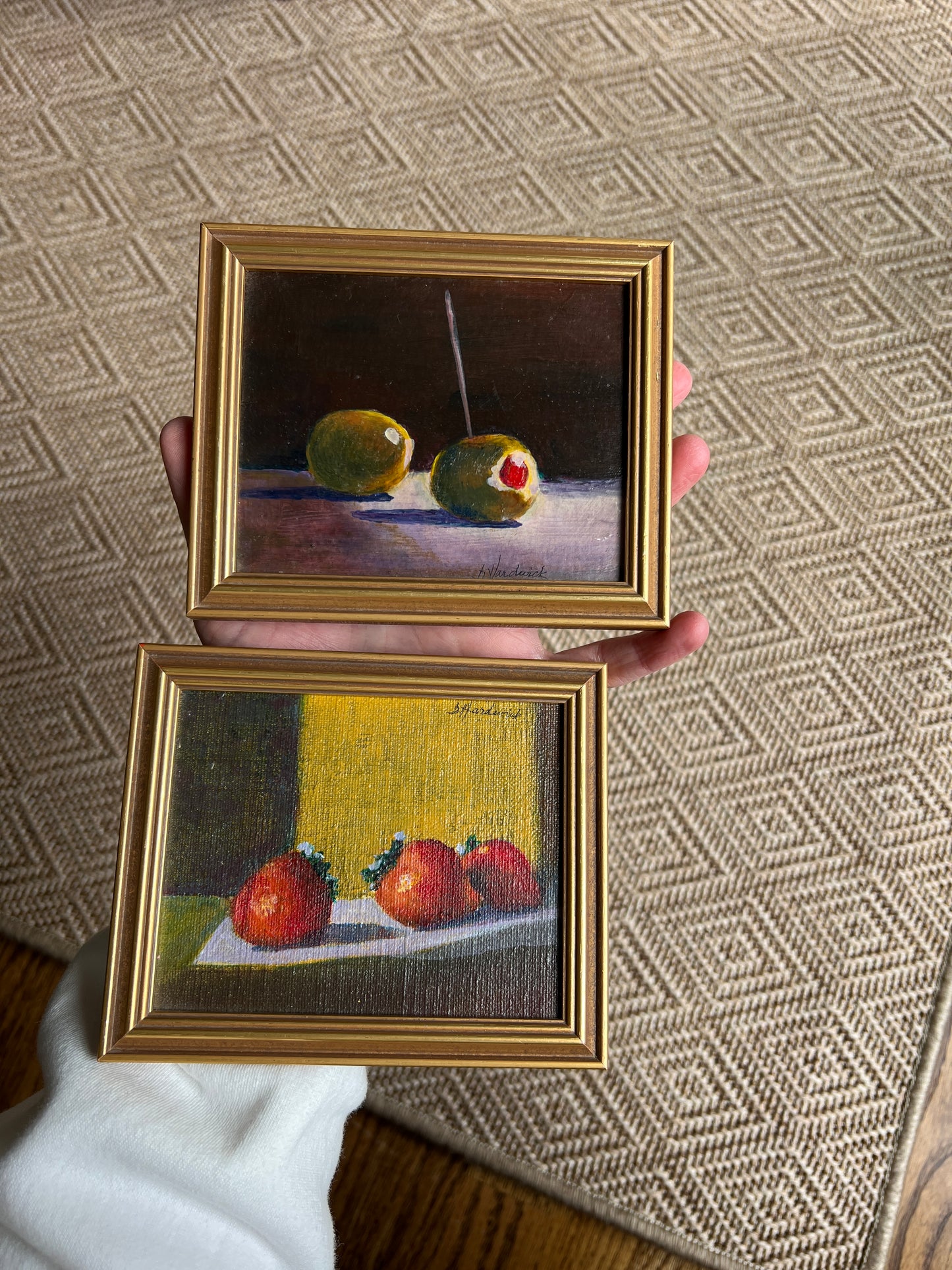 Small Scale Green Olive Still Life Oil Painting on Board in Gold Frame