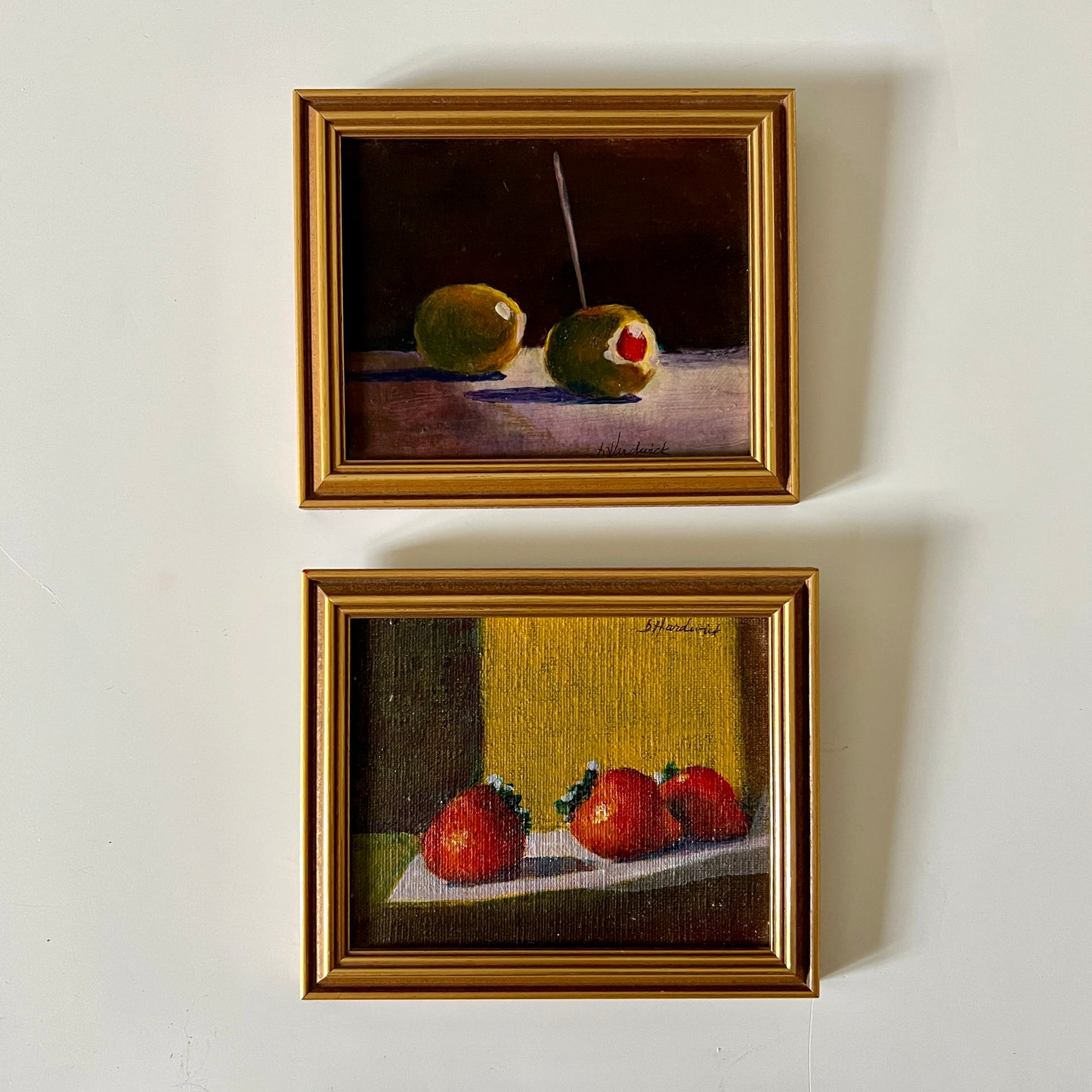 Small Scale Green Olive Still Life Oil Painting on Board in Gold Frame