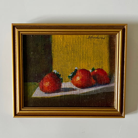 Small Scale Strawberry Still Life Oil Painting on Board in Gold Frame