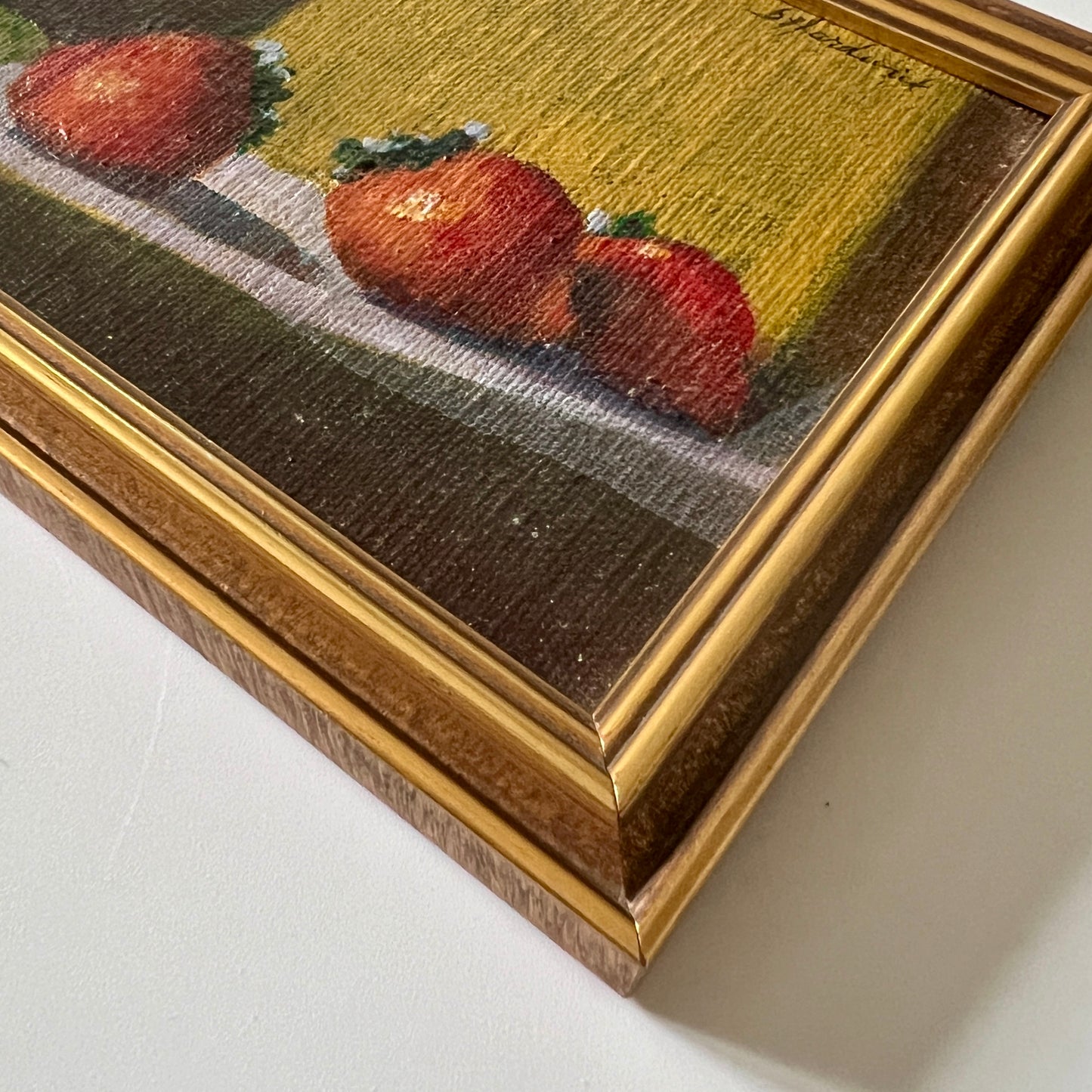 Small Scale Strawberry Still Life Oil Painting on Board in Gold Frame