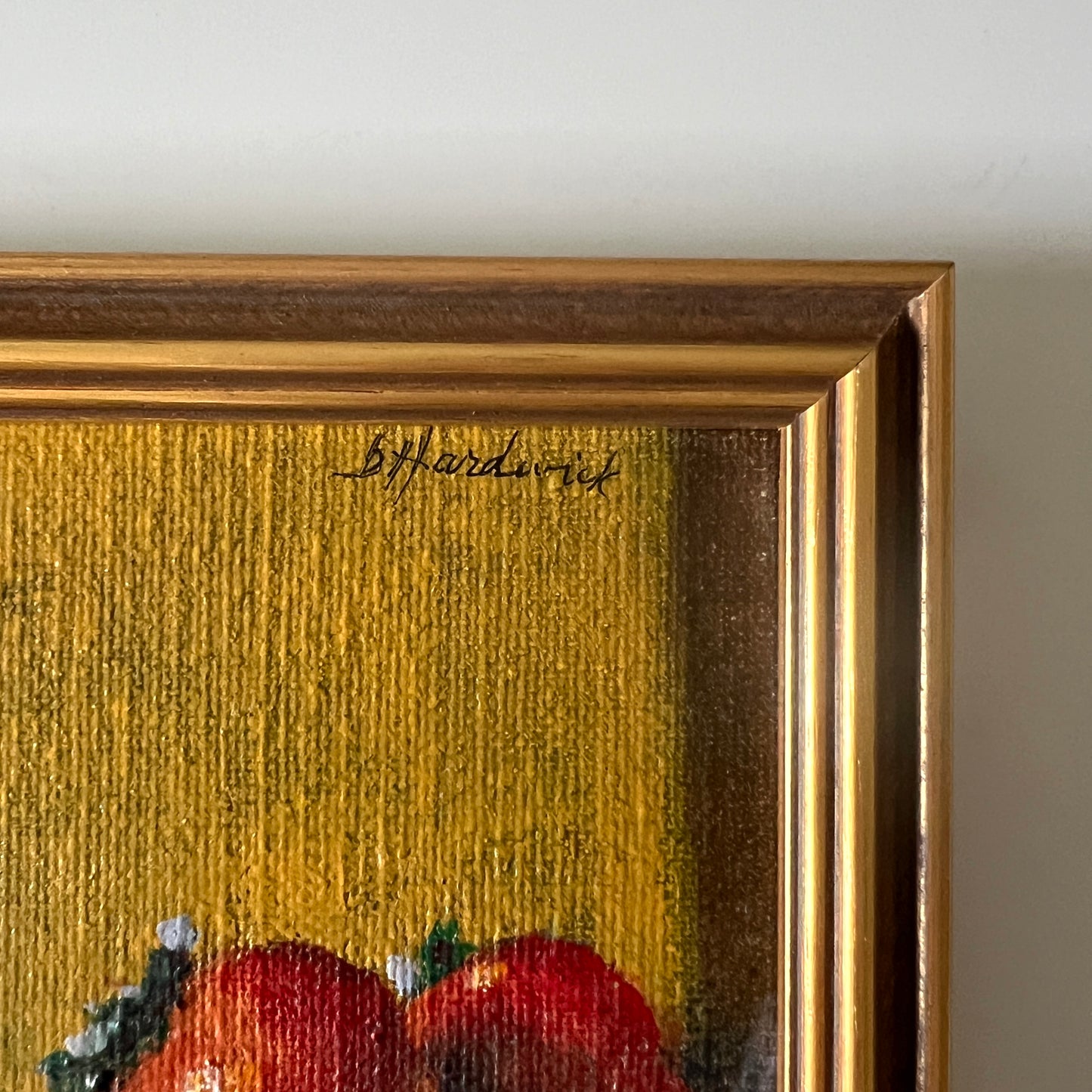 Small Scale Strawberry Still Life Oil Painting on Board in Gold Frame