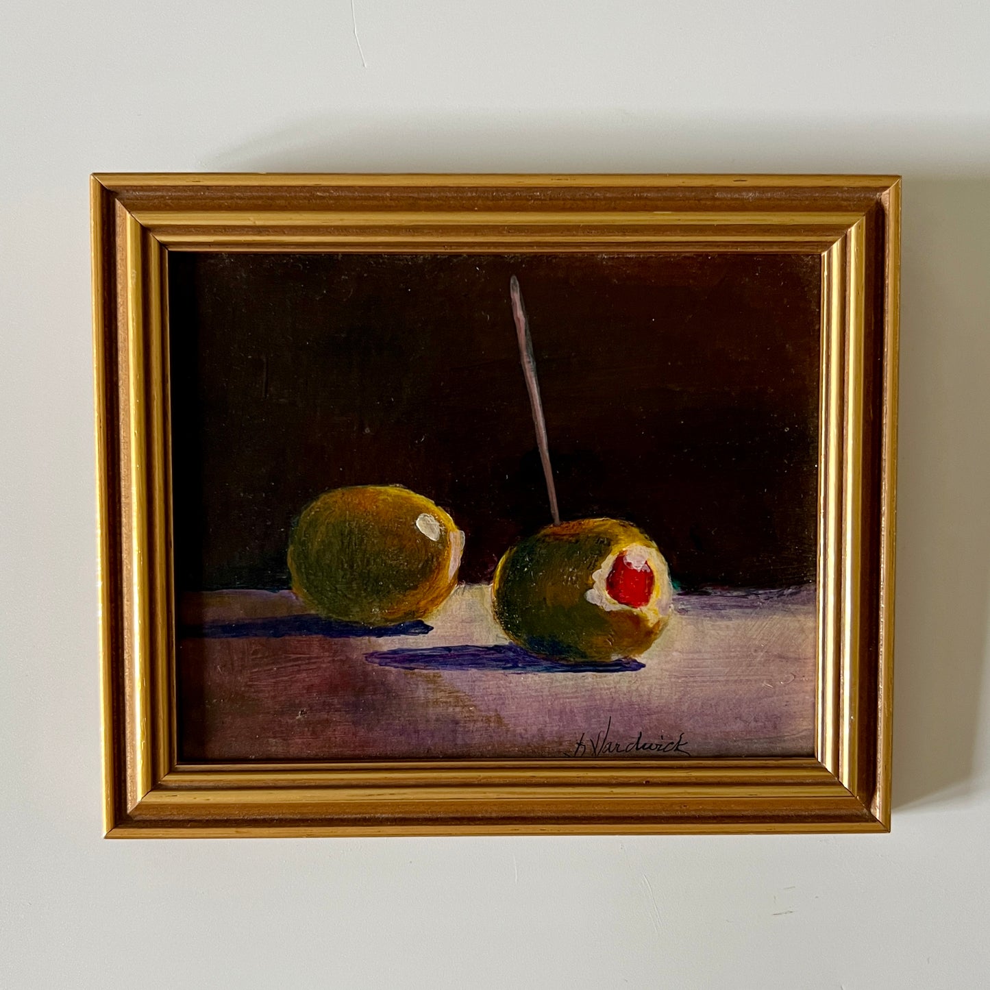 Small Scale Green Olive Still Life Oil Painting on Board in Gold Frame