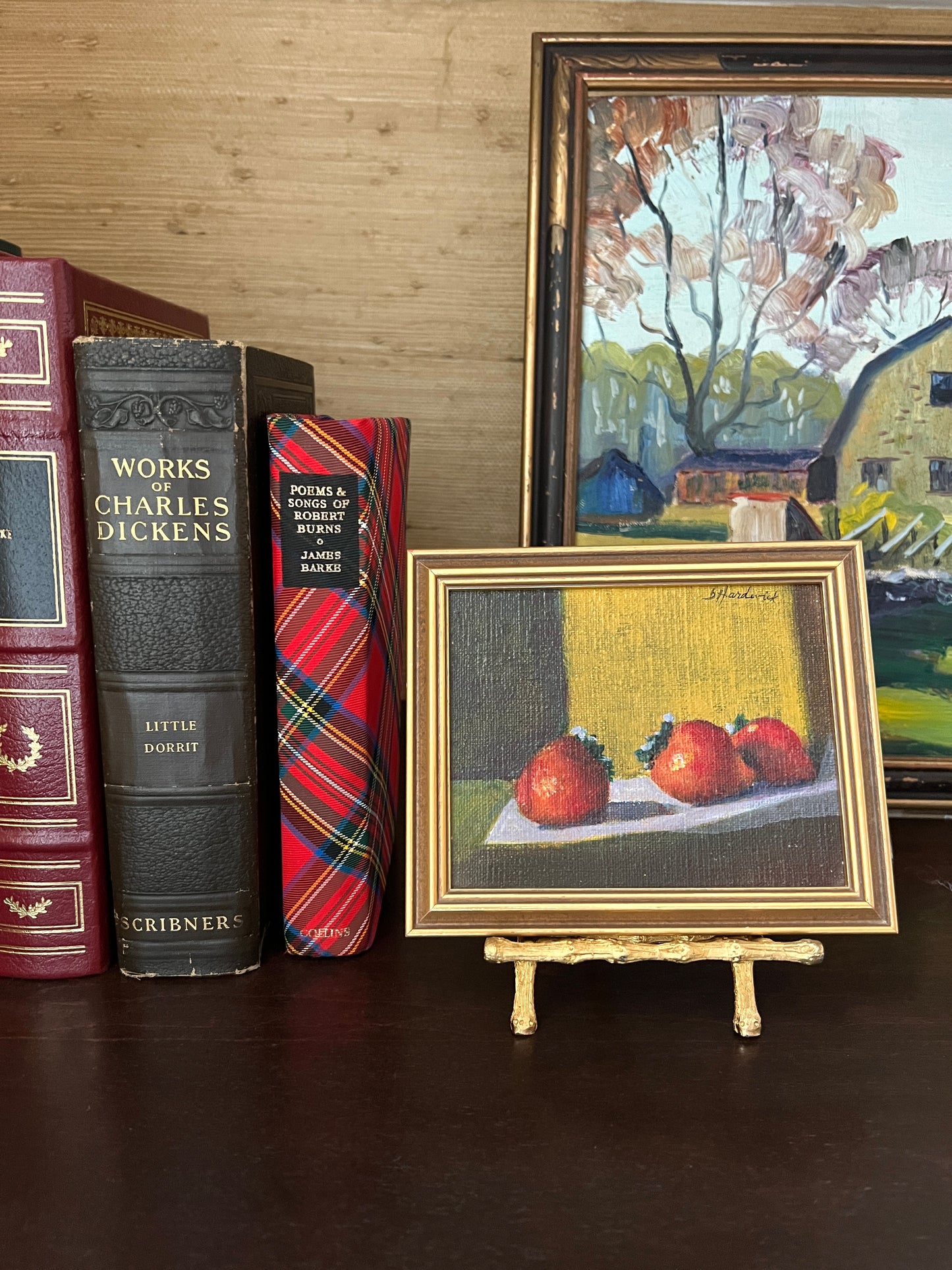 Small Scale Strawberry Still Life Oil Painting on Board in Gold Frame