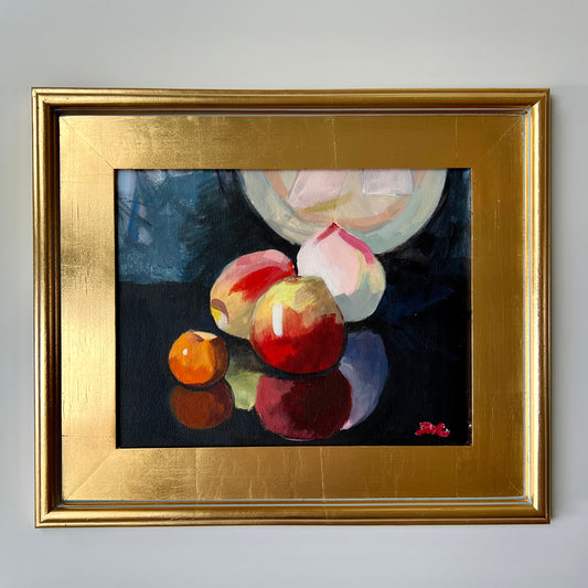 Colorful Fruit Still Life Painting on Navy in Gold Frame