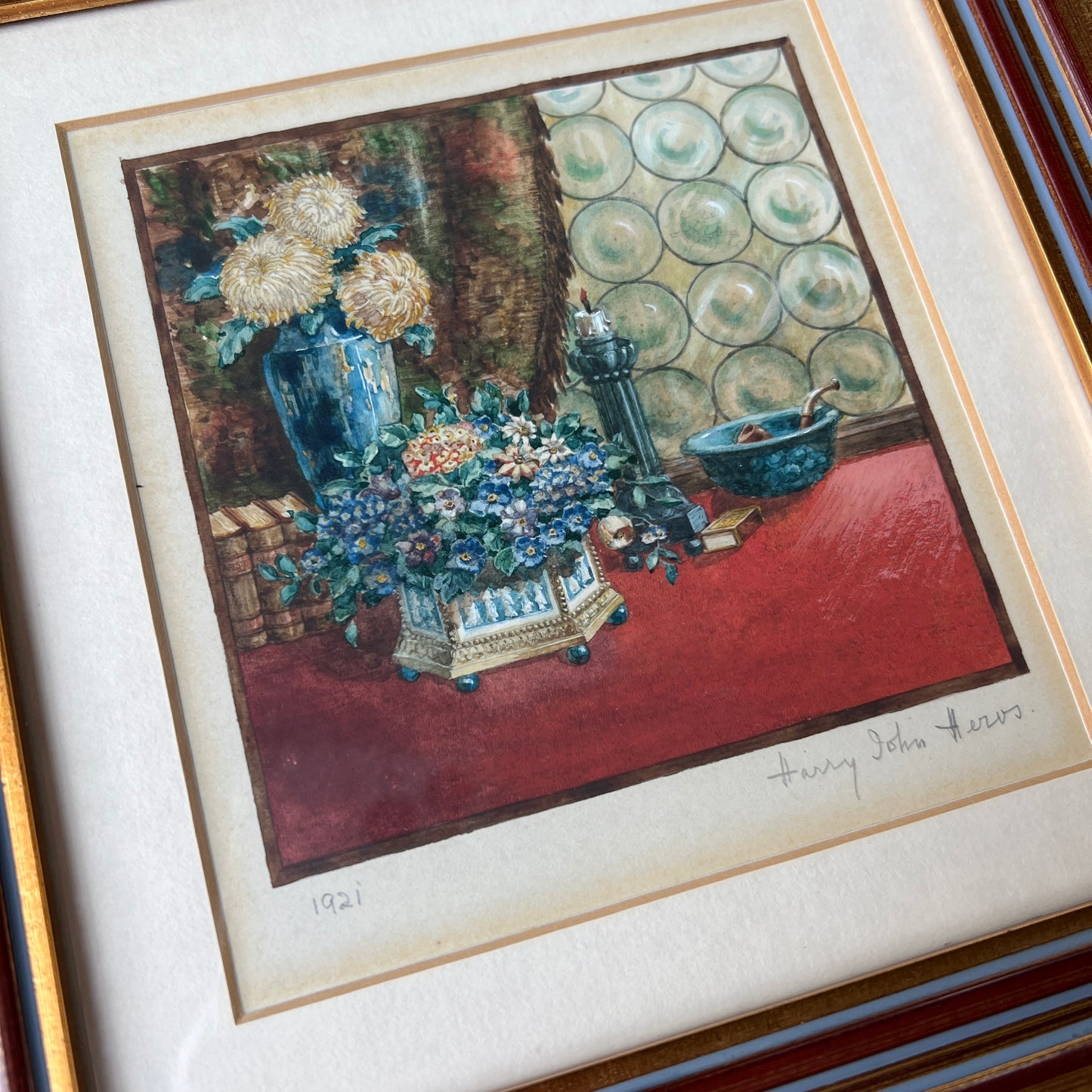 Henry John Heros 1921 Blue and White Interior Still Life in Gold Frame