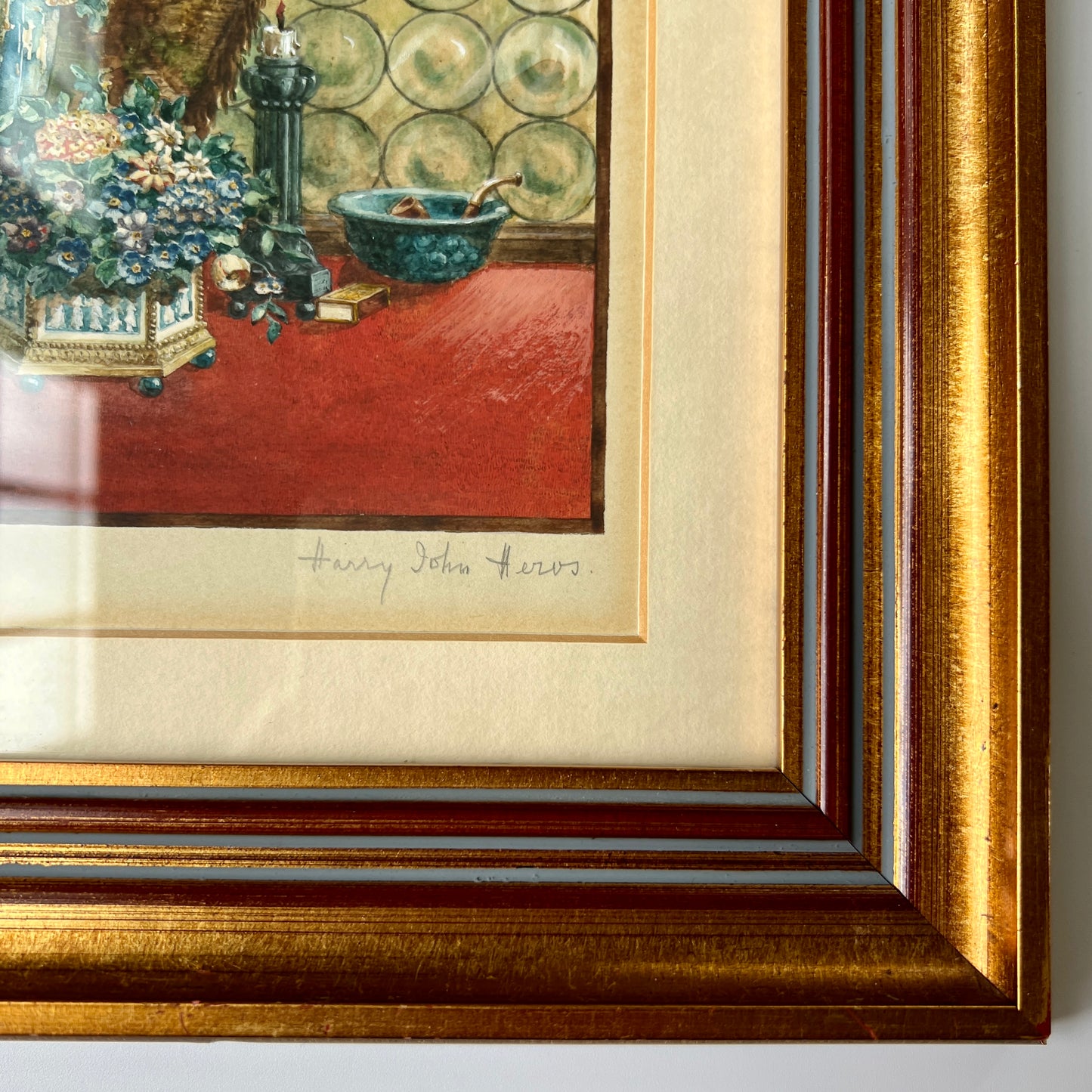 Henry John Heros 1921 Blue and White Interior Still Life in Gold Frame