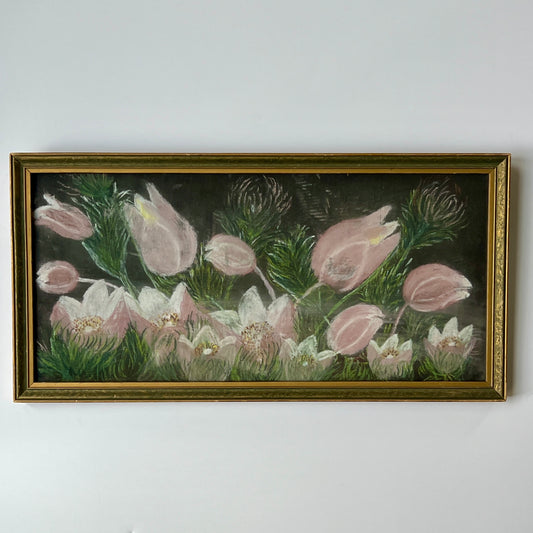 Antique Pink Tulip Garden Landscape in Green and Gold Frame