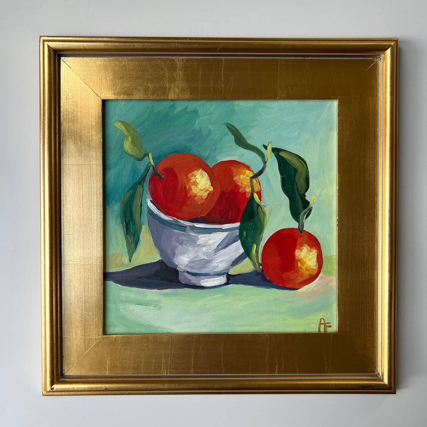 Mandarin Oranges in Blue and White Bowl Still Life in Gold Frame