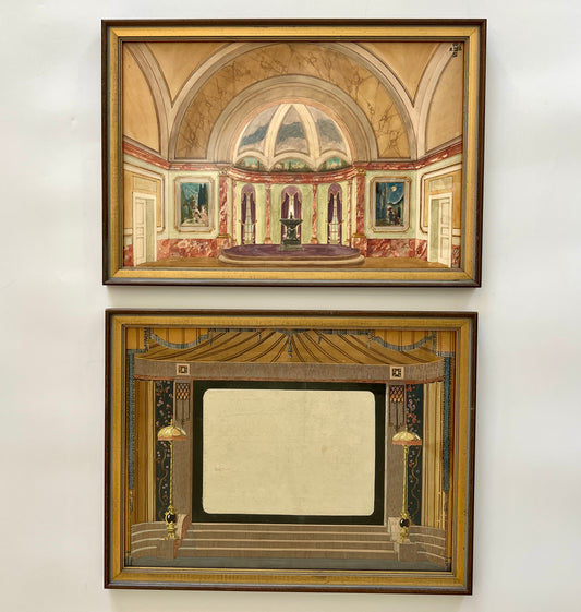 Pair of Two Antique Early 20th Century Interior Theater Set Gouache Paintings in Gold Frames