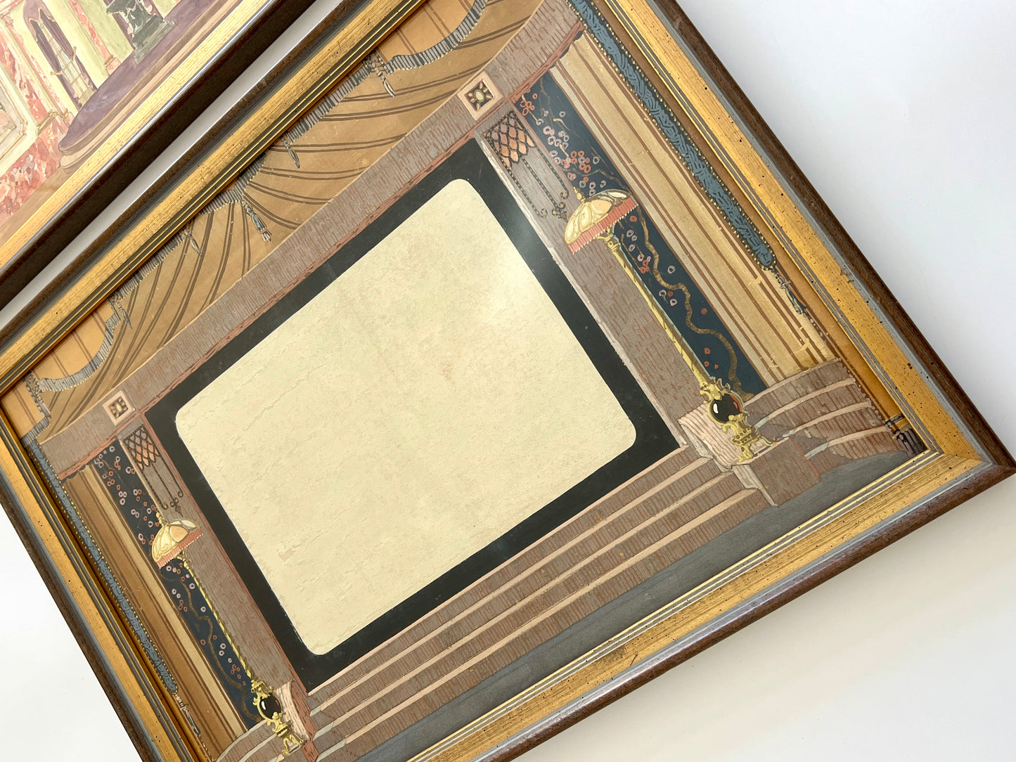 Pair of Two Antique Early 20th Century Interior Theater Set Gouache Paintings in Gold Frames