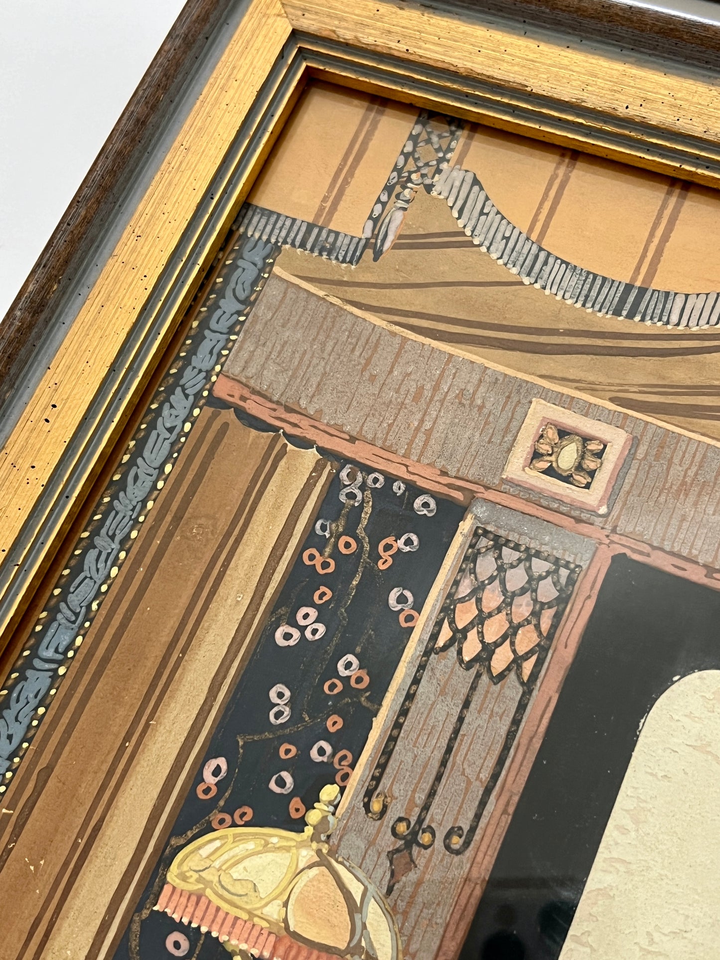 Pair of Two Antique Early 20th Century Interior Theater Set Gouache Paintings in Gold Frames