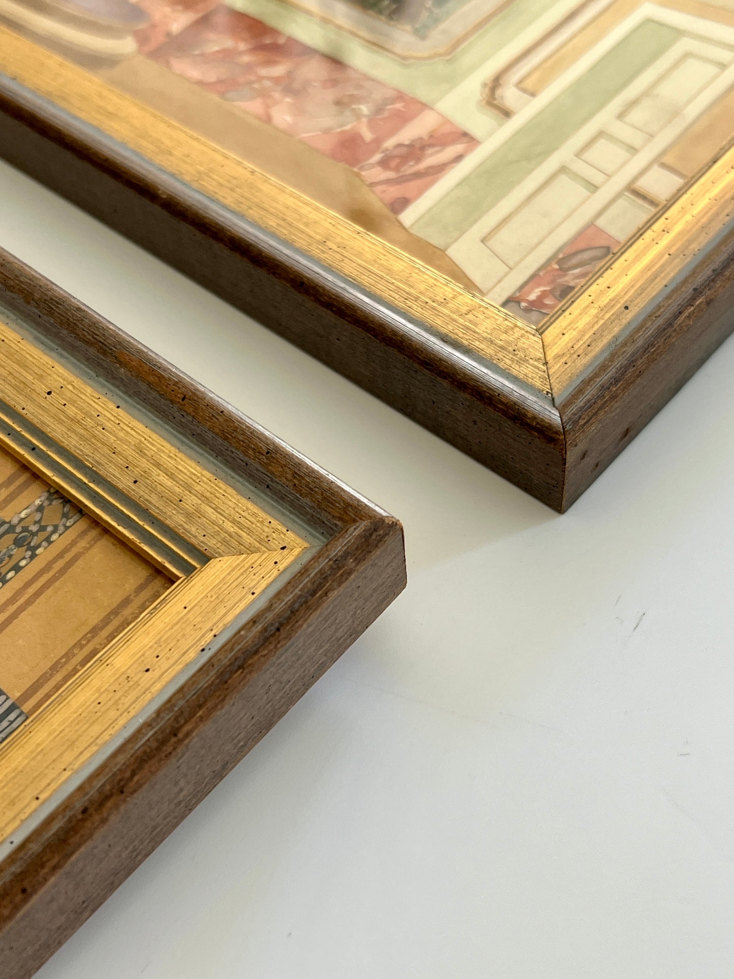 Pair of Two Antique Early 20th Century Interior Theater Set Gouache Paintings in Gold Frames