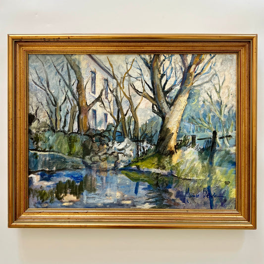 June Bevan "Blue Water" Landscape Oil Painting in Gold Frame