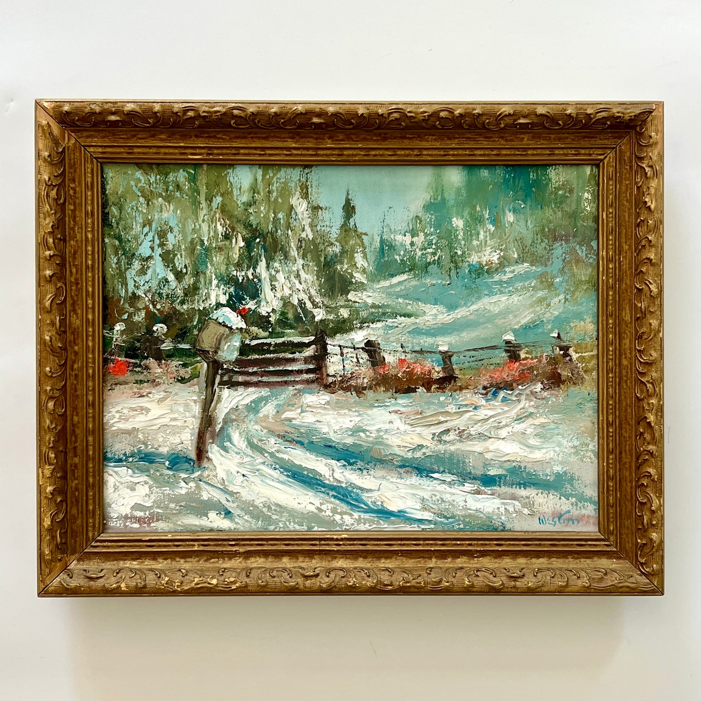 Vintage American Impressionist Snowy Mailbox Winter Landscape Oil Painting in Ornate Gold Frame