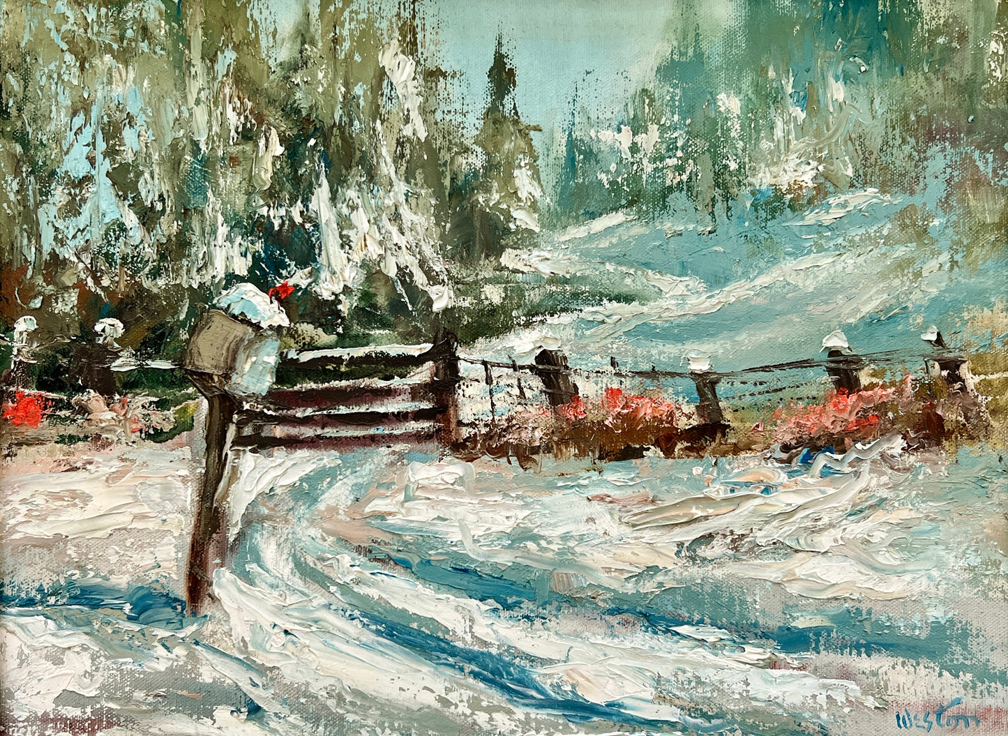 Vintage American Impressionist Snowy Mailbox Winter Landscape Oil Painting in Ornate Gold Frame