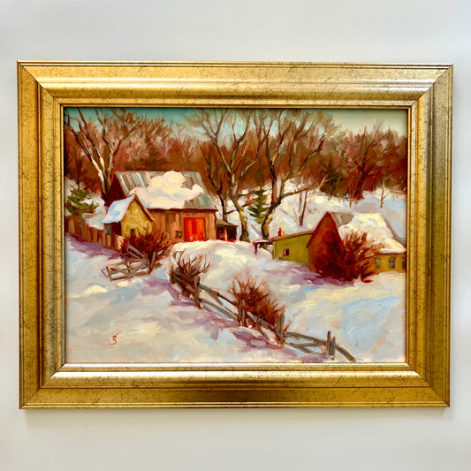 Geoff Bladon Colorful American Winter Farm Landscape Oil Painting in Gold Frame