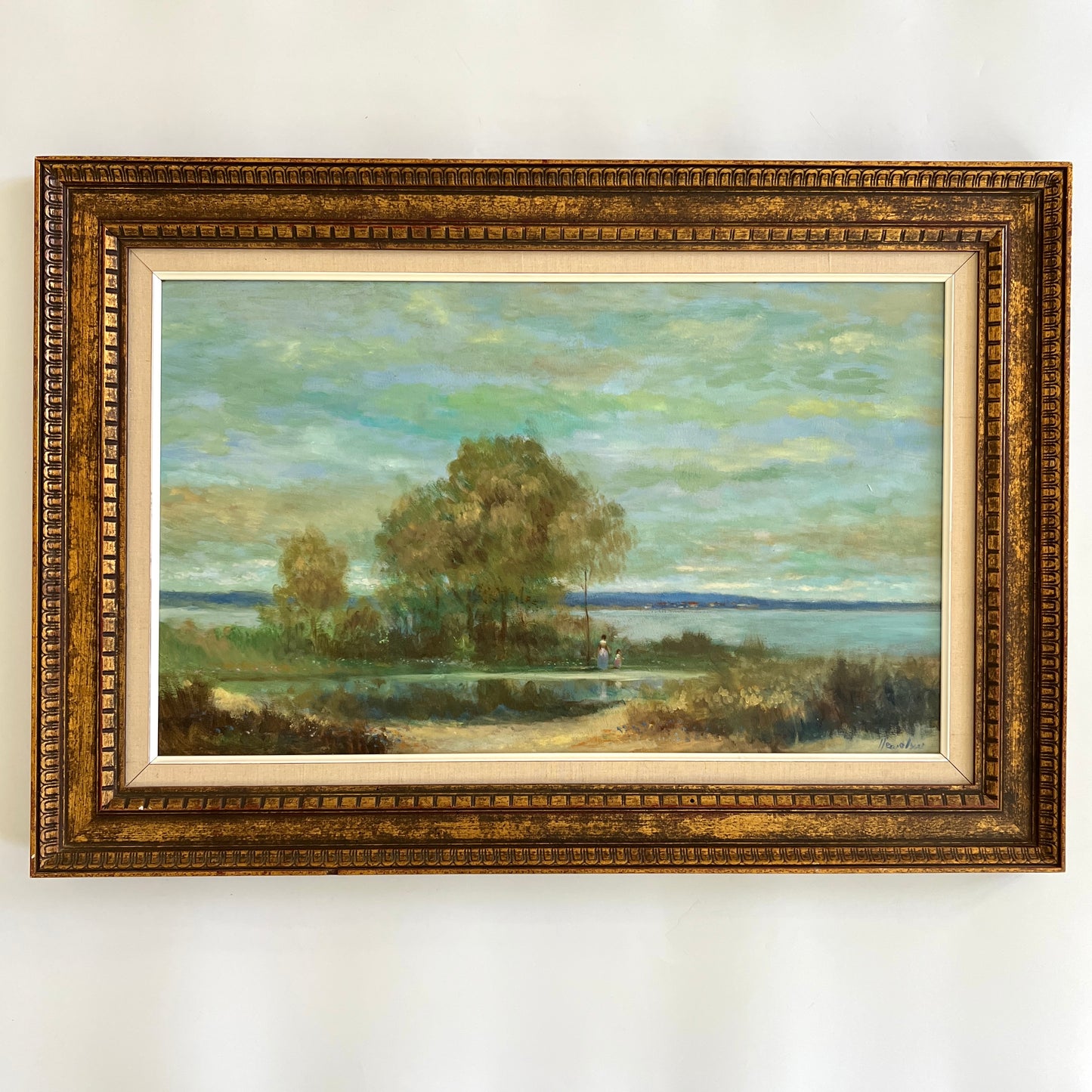 James G. Llewelyn Mother Daughter Waterfront Landscape Oil Painting in Gilded Carved Frame