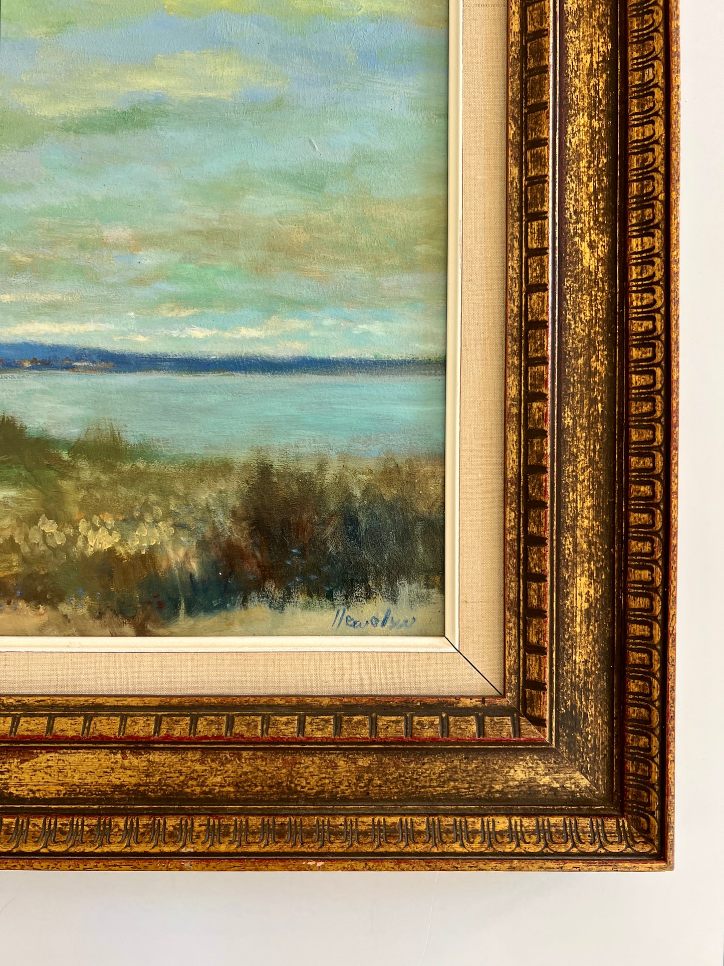 James G. Llewelyn Mother Daughter Waterfront Landscape Oil Painting in Gilded Carved Frame