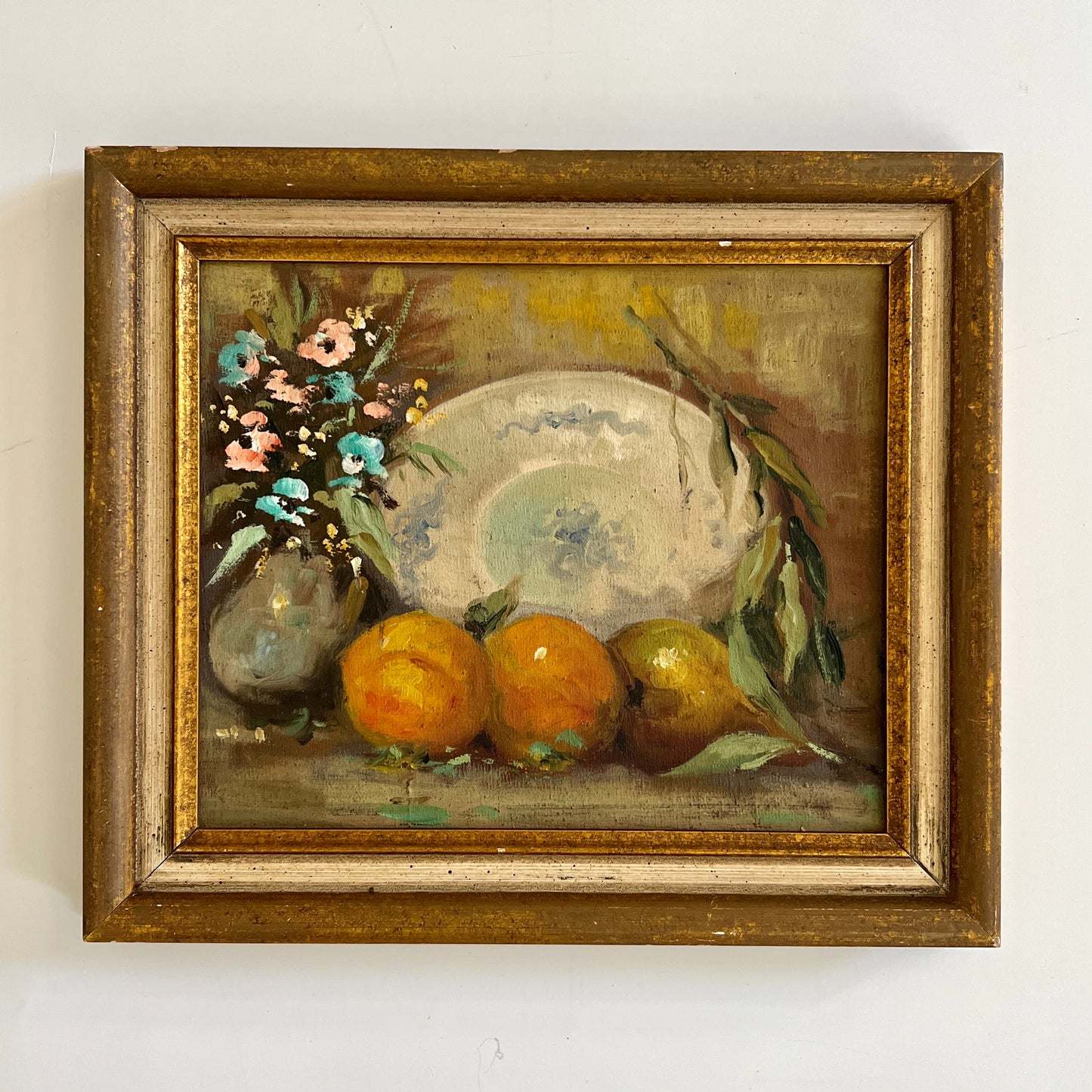 Vintage Still life Blue White Plate, Pear and Oranges Oil Painting in Gilded Wood Frame