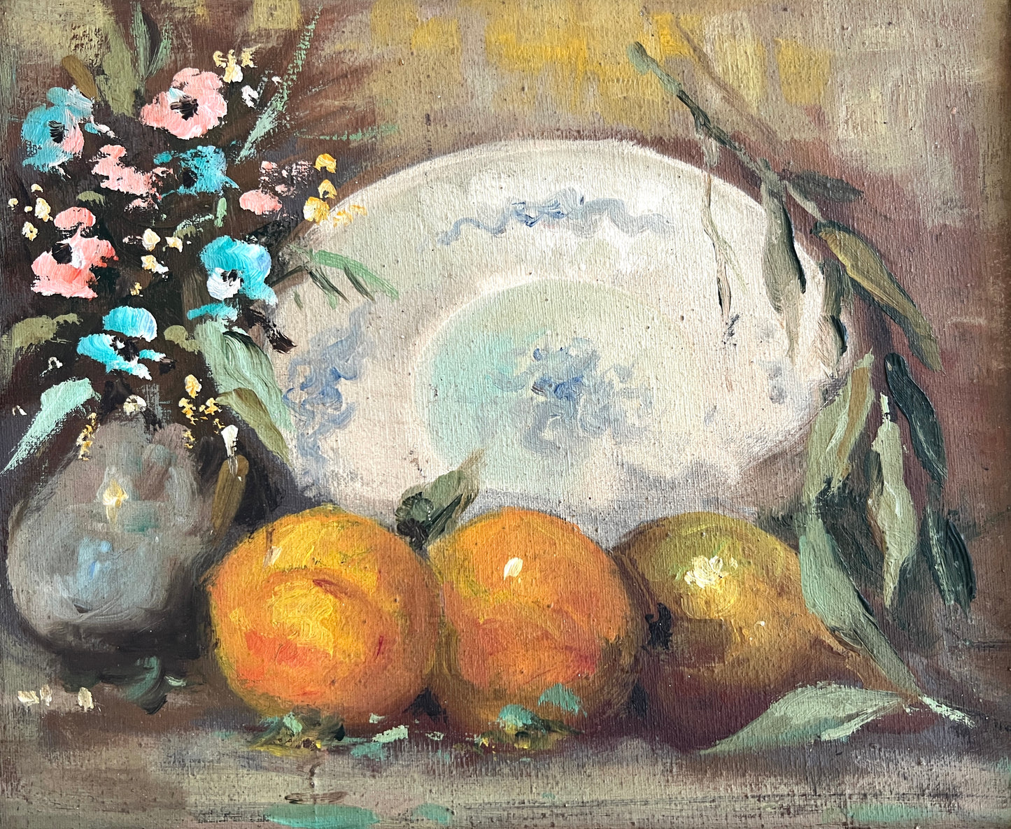 Vintage Still life Blue White Plate, Pear and Oranges Oil Painting in Gilded Wood Frame