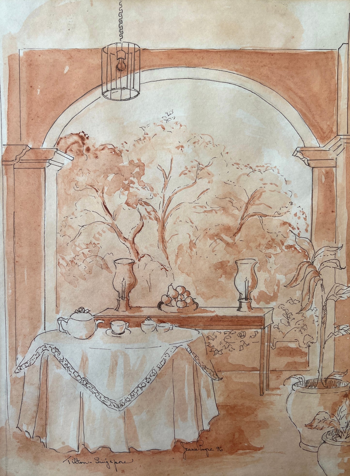 Afternoon Tea in Tilton, Singapore Ink and Watercolor Painting in Gold Frame