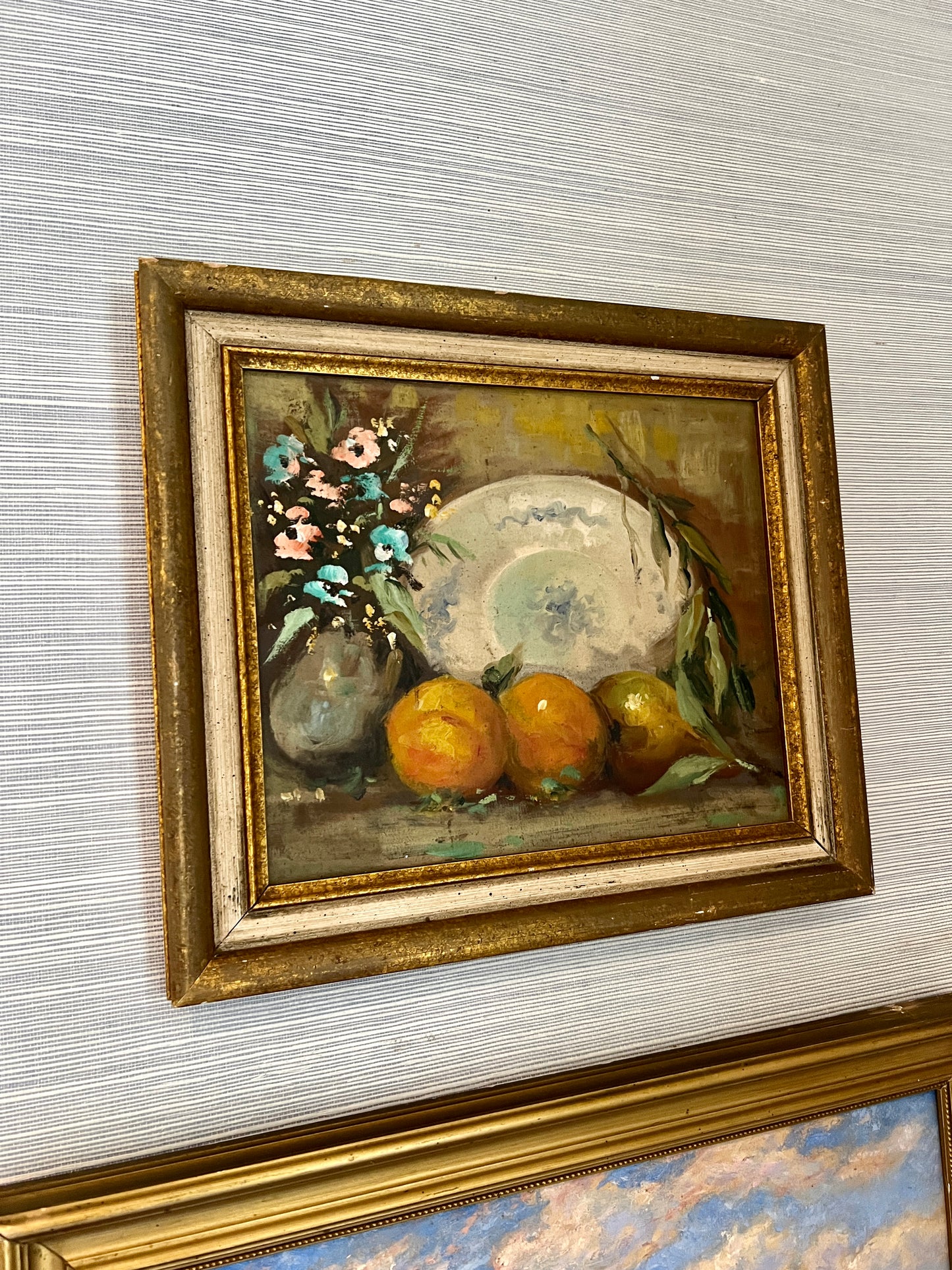 Vintage Still life Blue White Plate, Pear and Oranges Oil Painting in Gilded Wood Frame