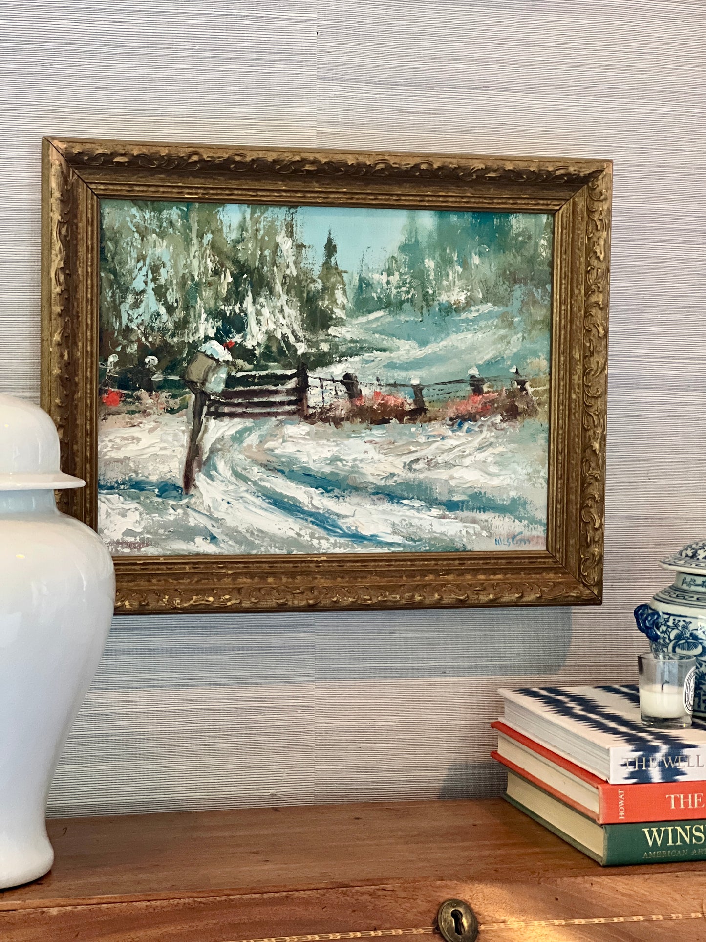 Vintage American Impressionist Snowy Mailbox Winter Landscape Oil Painting in Ornate Gold Frame