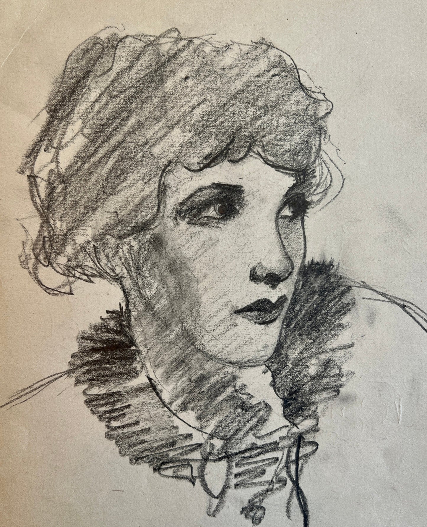 1920s Art Deco Female in Fur Collar Portrait Drawing in Gold Frame