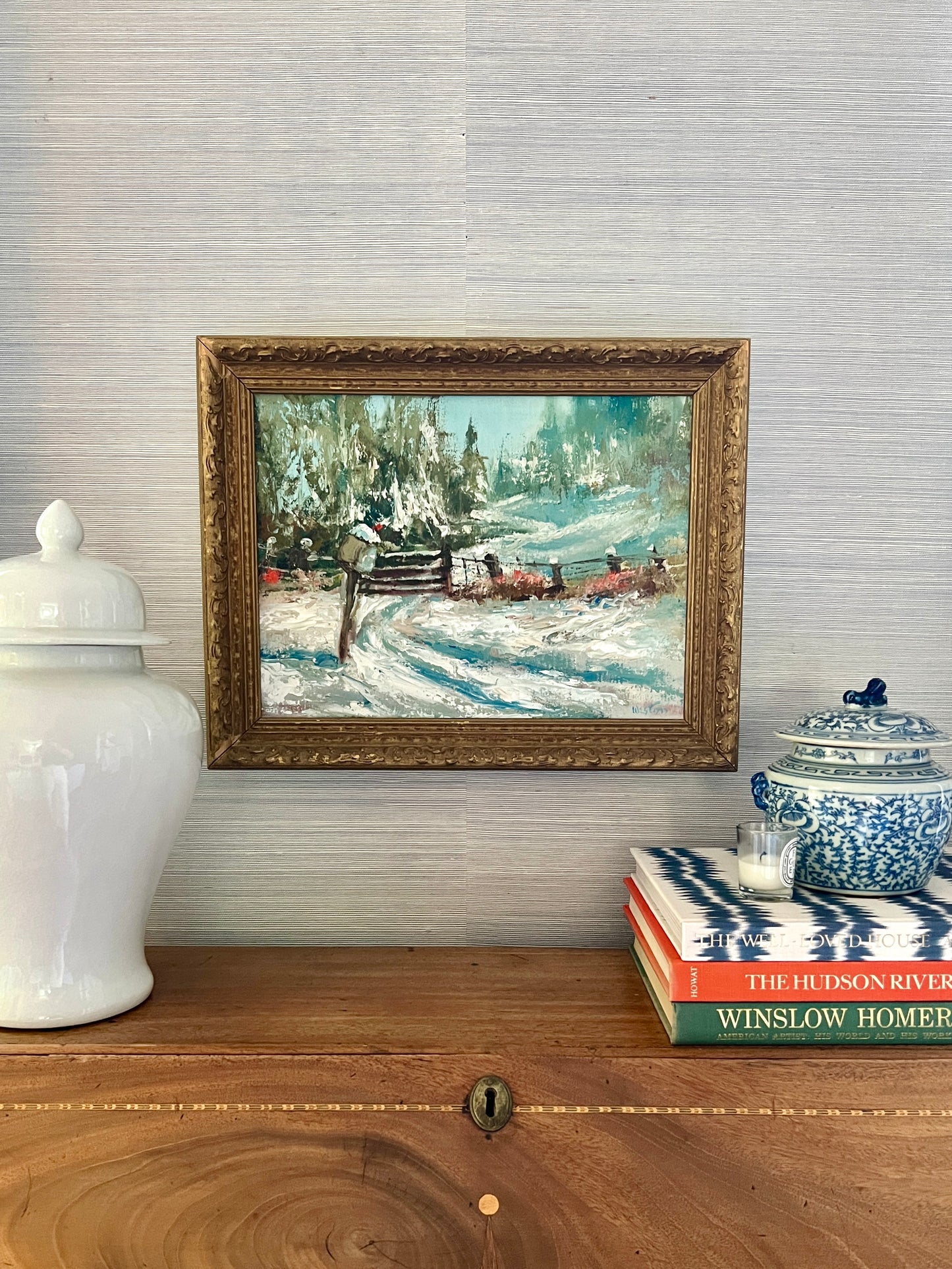 Vintage American Impressionist Snowy Mailbox Winter Landscape Oil Painting in Ornate Gold Frame