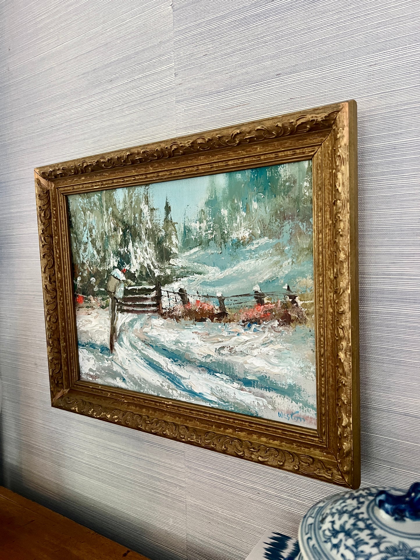 Vintage American Impressionist Snowy Mailbox Winter Landscape Oil Painting in Ornate Gold Frame