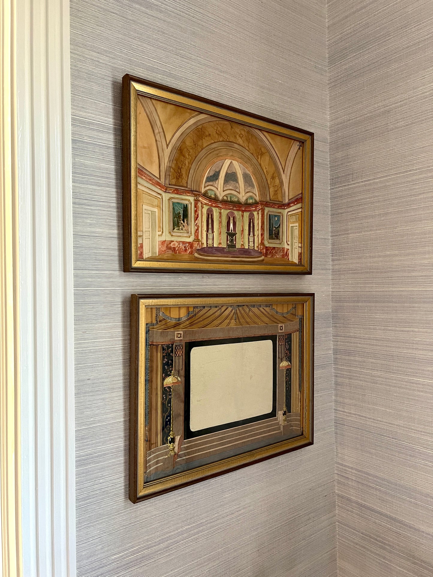 Pair of Two Antique Early 20th Century Interior Theater Set Gouache Paintings in Gold Frames