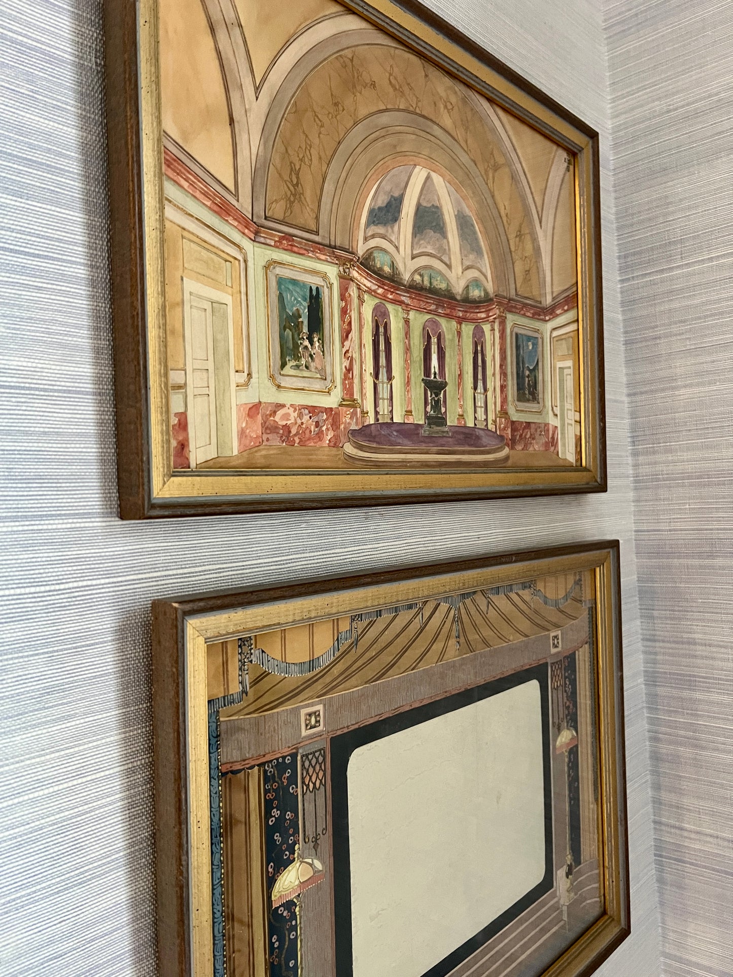 Pair of Two Antique Early 20th Century Interior Theater Set Gouache Paintings in Gold Frames