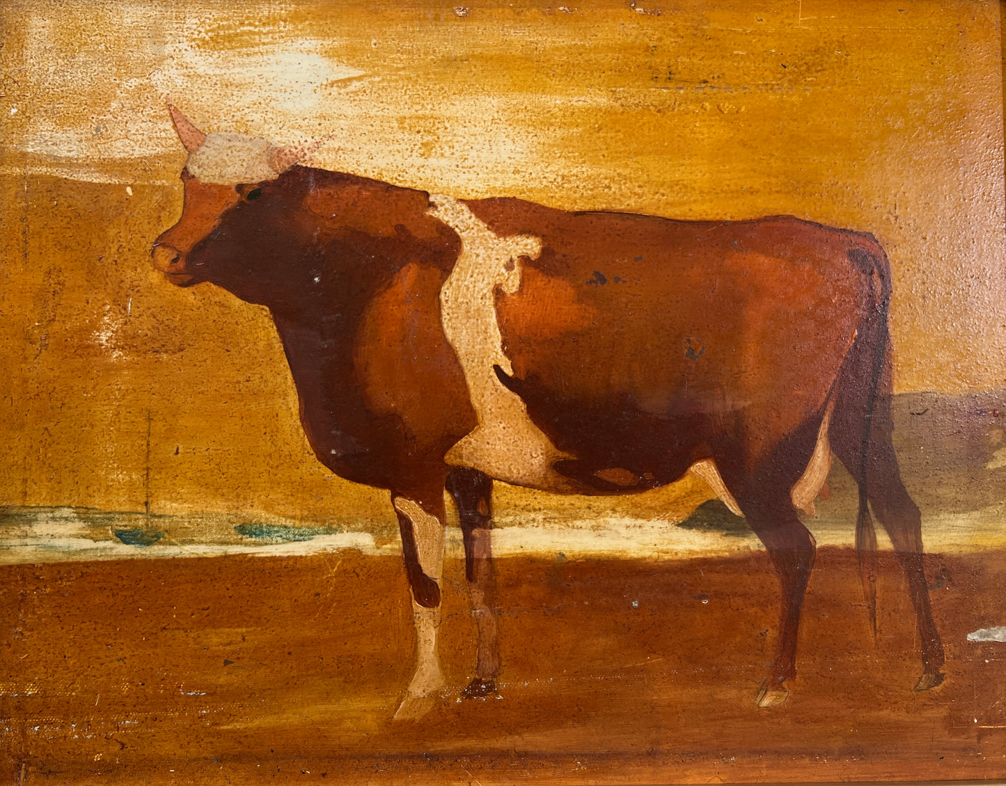 1940s Cow Portrait in Landscape Oil Painting in Gold Frame