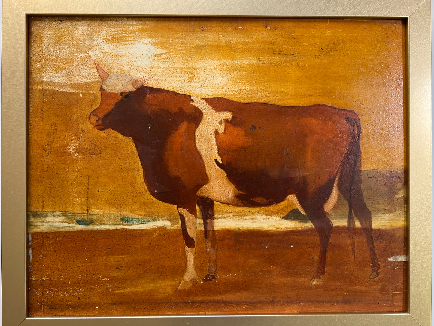 1940s Cow Portrait in Landscape Oil Painting in Gold Frame