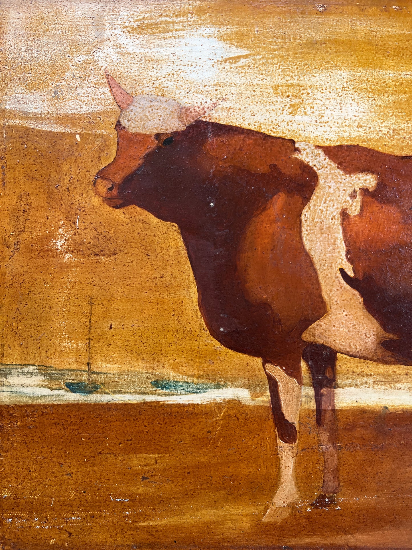 1940s Cow Portrait in Landscape Oil Painting in Gold Frame