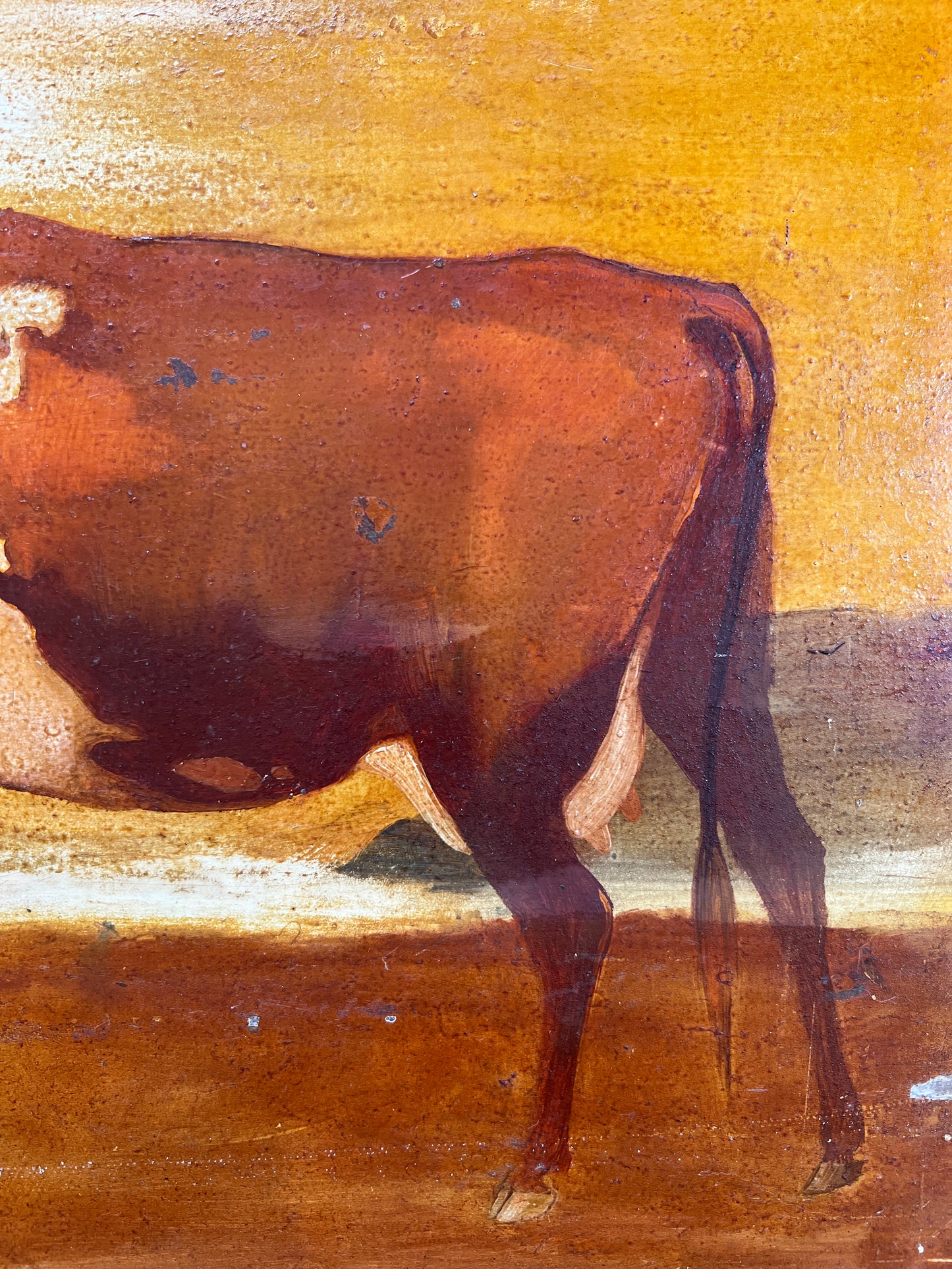 1940s Cow Portrait in Landscape Oil Painting in Gold Frame