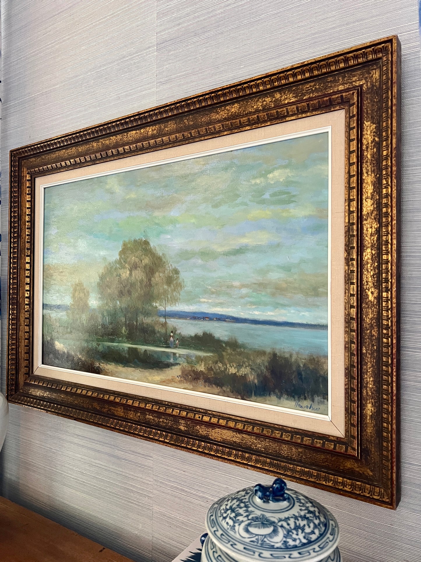 James G. Llewelyn Mother Daughter Waterfront Landscape Oil Painting in Gilded Carved Frame