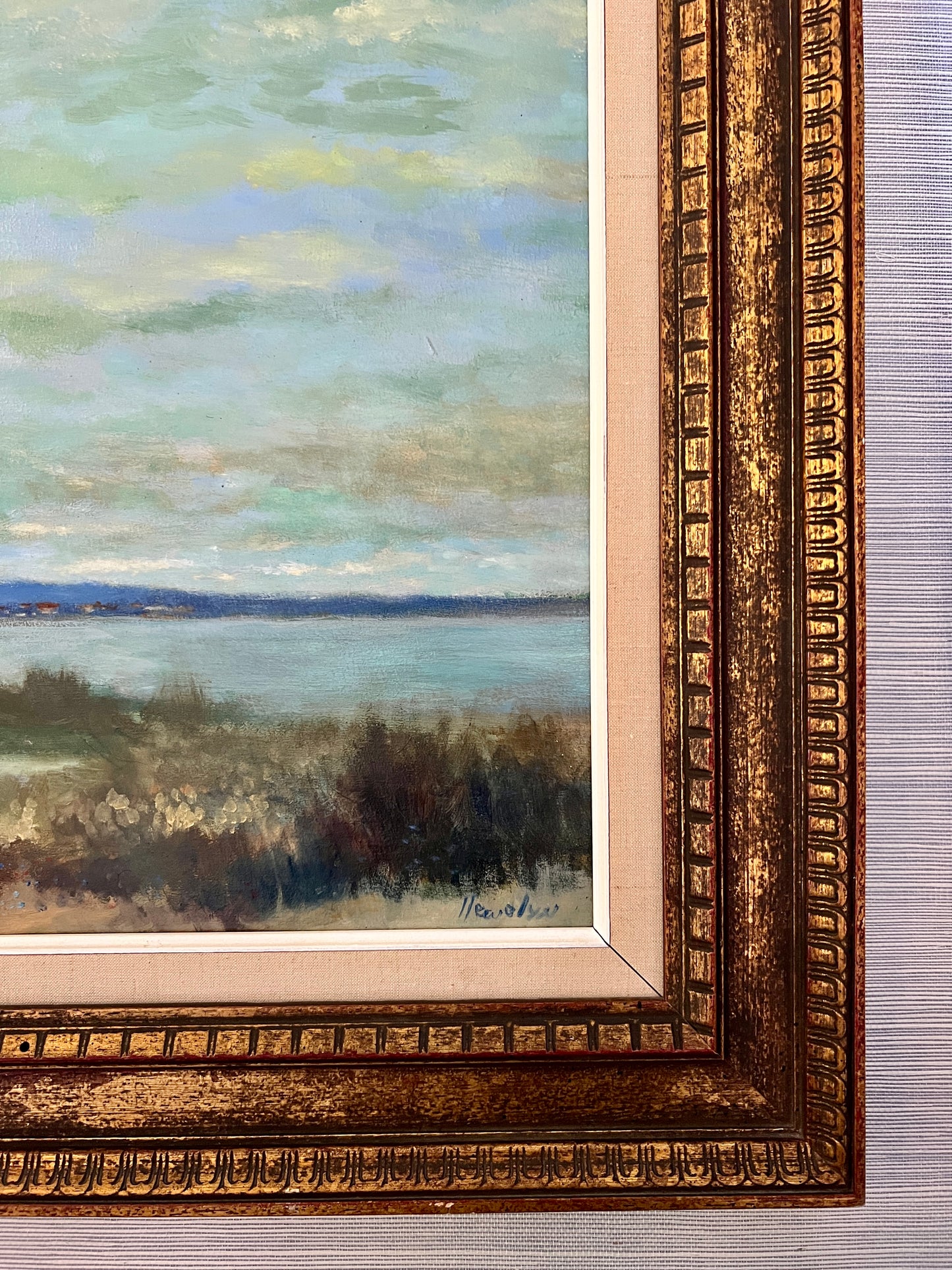 James G. Llewelyn Mother Daughter Waterfront Landscape Oil Painting in Gilded Carved Frame