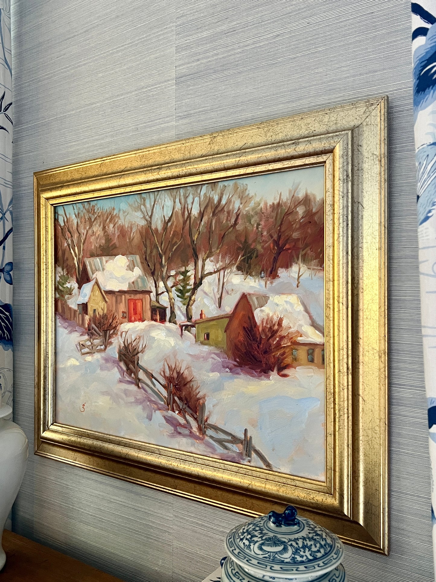 Geoff Bladon Colorful American Winter Farm Landscape Oil Painting in Gold Frame